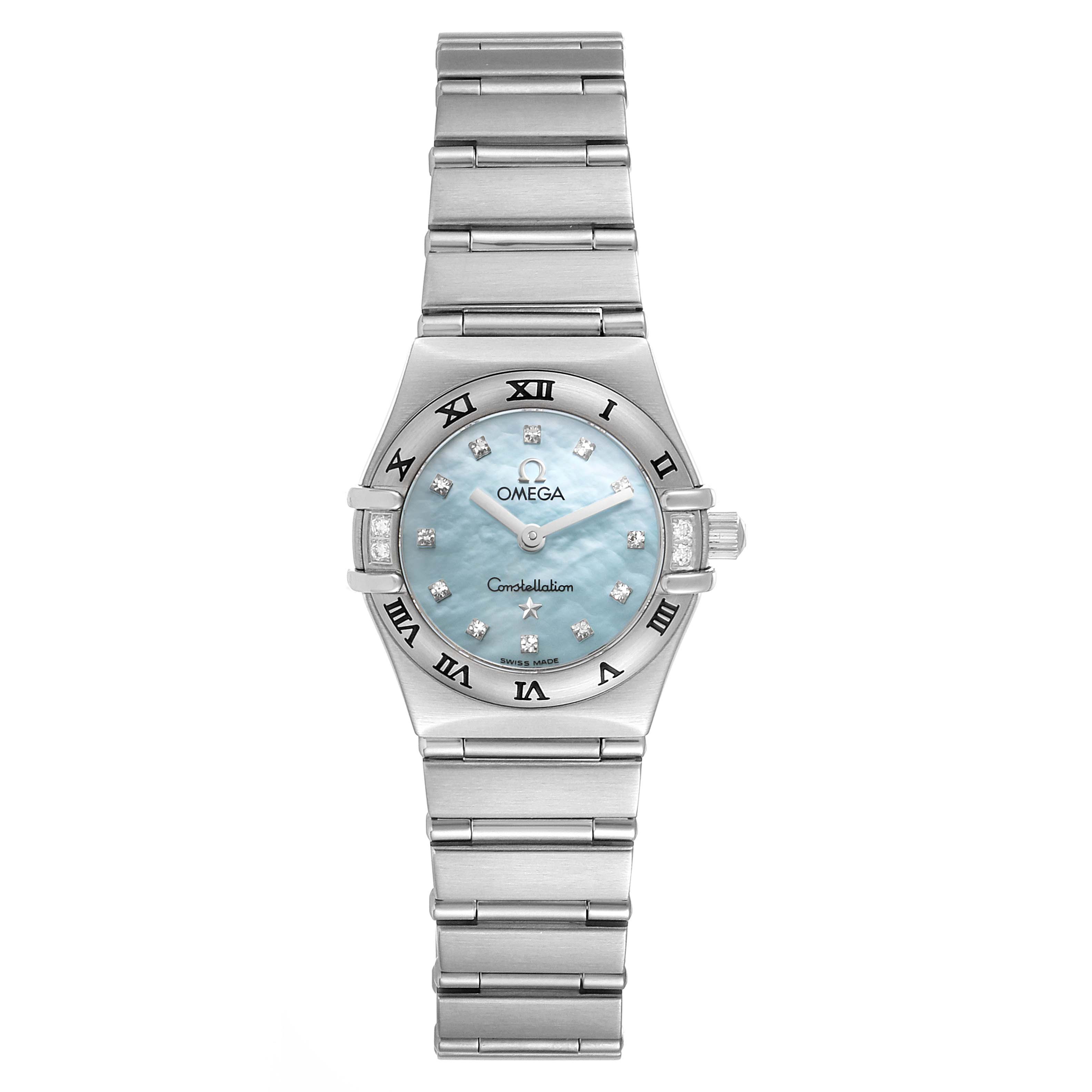 The image shows a front view of the Omega 1567.86.00 Women's Stainless Steel Mother of Pearl Dial 1567.86.00 Women's Stainless Steel Mother of Pearl Dial Constellation Mini Blue MOP Diamonds Ladies Watch 1567.86.00, displaying its dial, bezel, and bracelet.