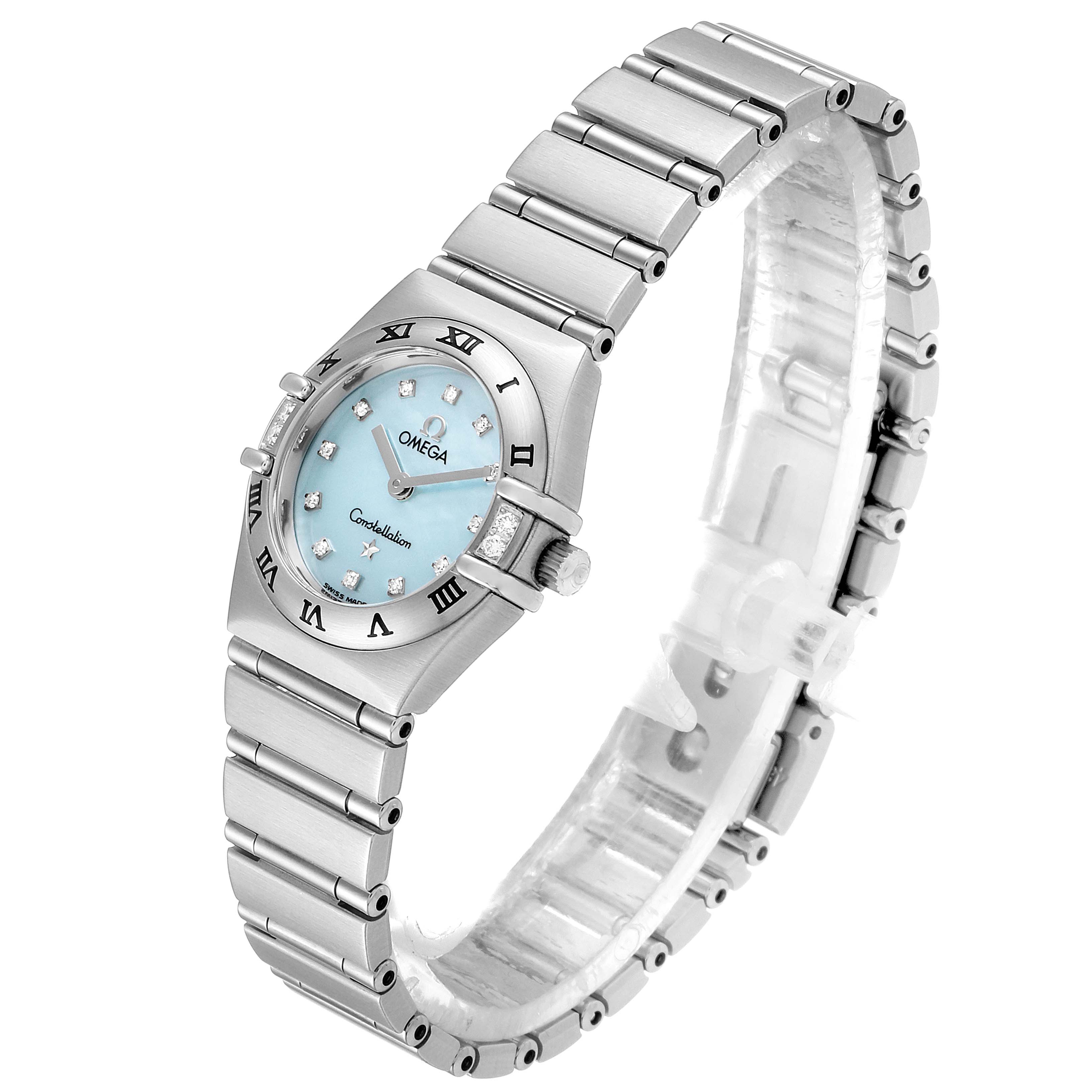 The Omega 1567.86.00 Women's Stainless Steel Mother of Pearl Dial 1567.86.00 Women's Stainless Steel Mother of Pearl Dial Constellation Mini Blue MOP Diamonds Ladies Watch 1567.86.00 is shown at an angled view displaying its face and bracelet.
