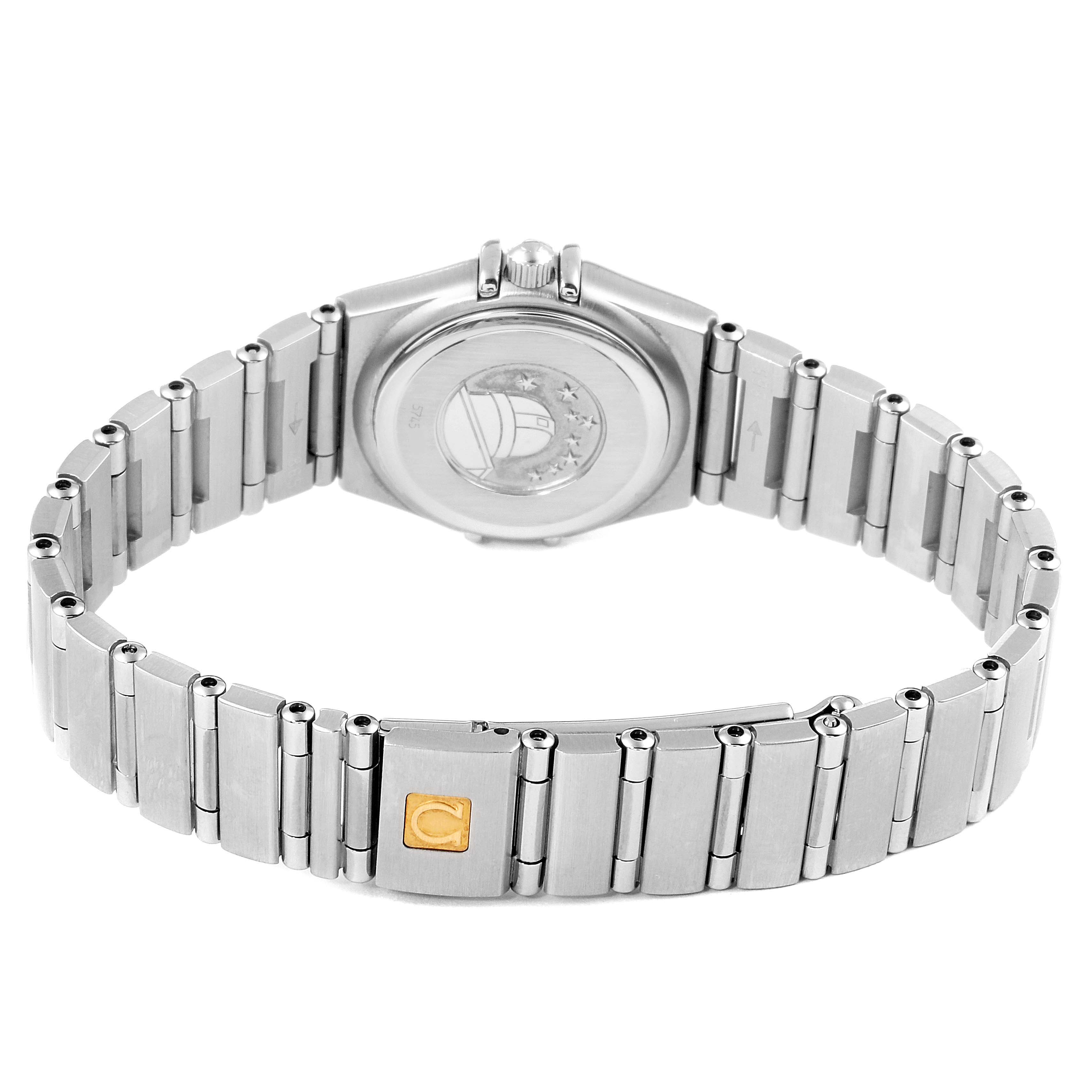 The image shows the back and bracelet of the Omega 1567.86.00 Women's Stainless Steel Mother of Pearl Dial 1567.86.00 Women's Stainless Steel Mother of Pearl Dial Constellation Mini Blue MOP Diamonds Ladies Watch 1567.86.00.