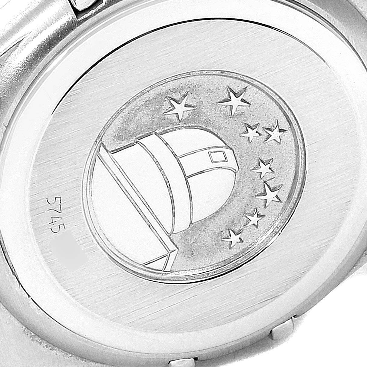 This image showcases the back case of the Omega 1567.86.00 Women's Stainless Steel Mother of Pearl Dial 1567.86.00 Women's Stainless Steel Mother of Pearl Dial Constellation Mini Blue MOP Diamonds Ladies Watch 1567.86.00.