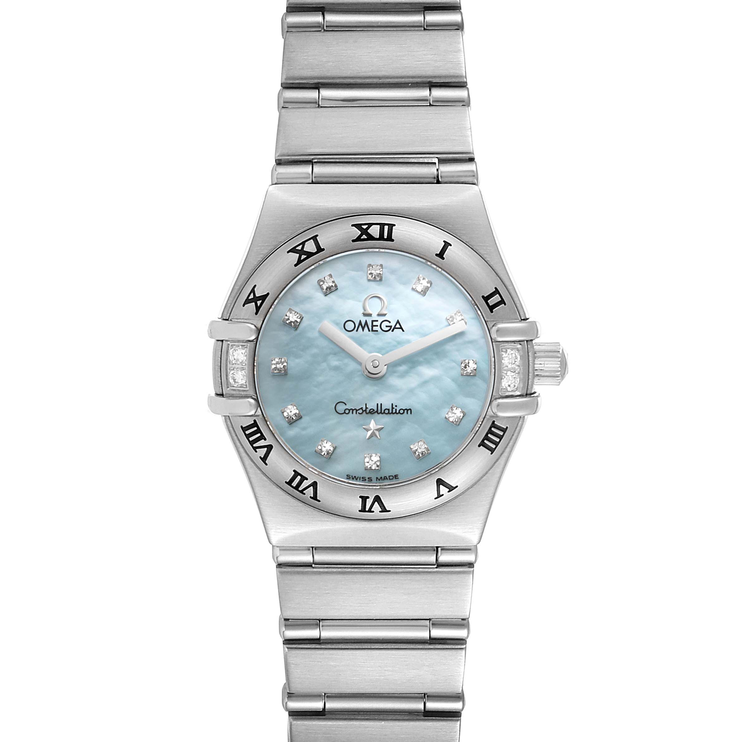 The image shows a frontal view of the Omega 1567.86.00 Women's Stainless Steel Mother of Pearl Dial 1567.86.00 Women's Stainless Steel Mother of Pearl Dial Constellation Mini Blue MOP Diamonds Ladies Watch 1567.86.00, displaying the dial, bezel, and bracelet.
