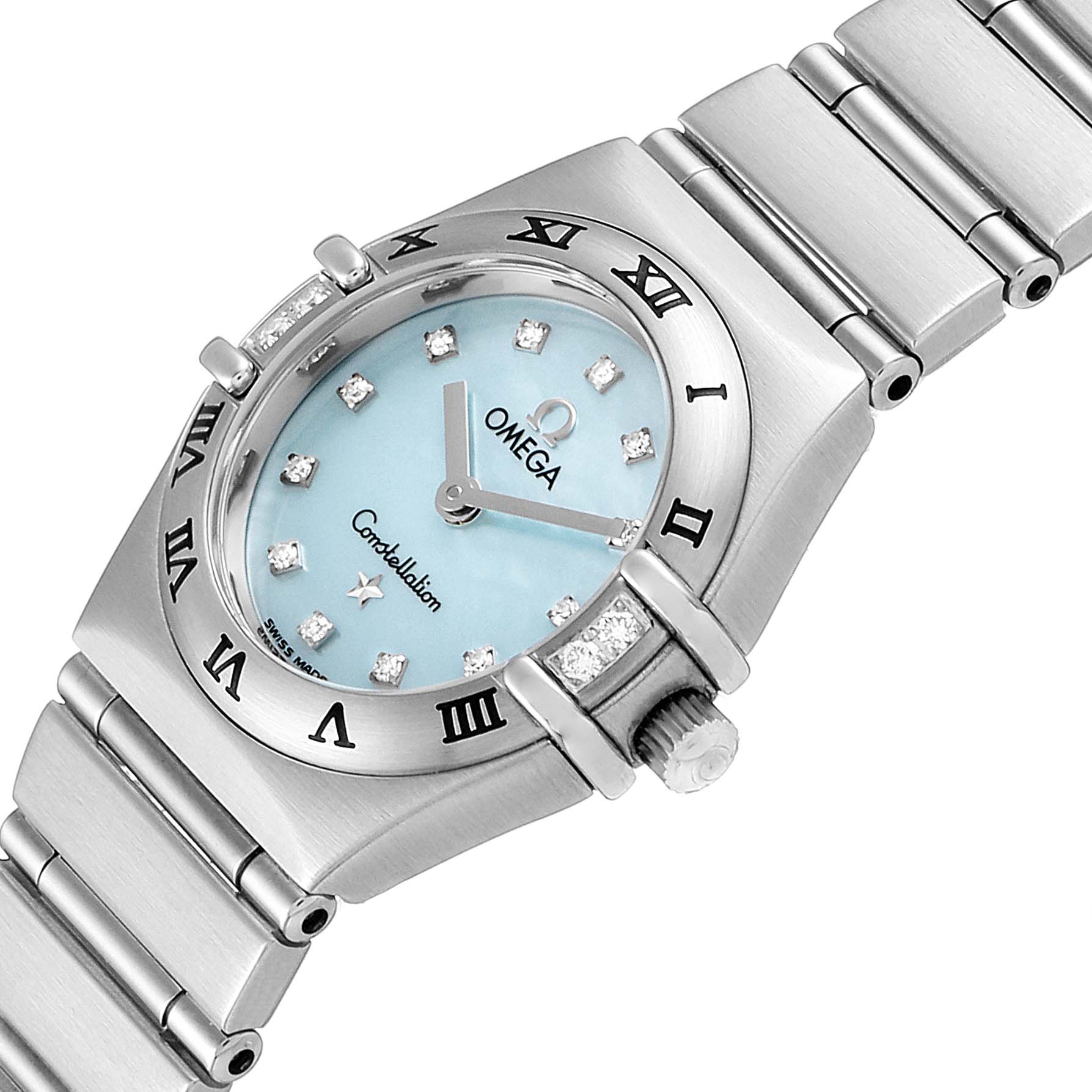The image shows an angled view of the Omega 1567.86.00 Women's Stainless Steel Mother of Pearl Dial 1567.86.00 Women's Stainless Steel Mother of Pearl Dial Constellation Mini Blue MOP Diamonds Ladies Watch 1567.86.00, highlighting the dial and part of the bracelet.