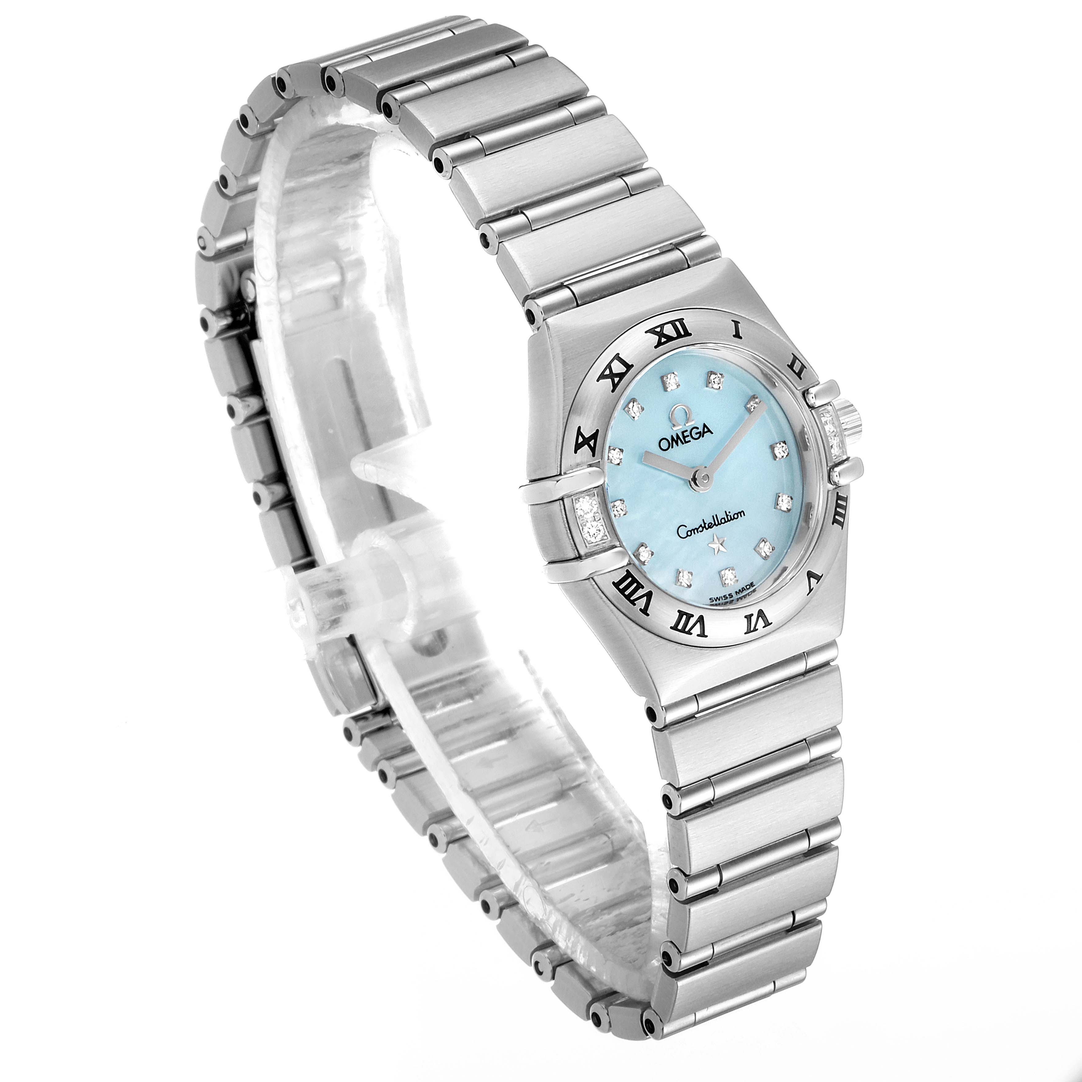 The Omega 1567.86.00 Women's Stainless Steel Mother of Pearl Dial 1567.86.00 Women's Stainless Steel Mother of Pearl Dial Constellation Mini Blue MOP Diamonds Ladies Watch 1567.86.00 is photographed at a three-quarter view, showing the dial, bezel, and bracelet.