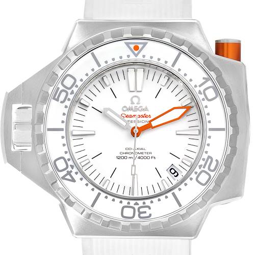 The image shows a front view of an Omega Ploprof 224.32.55.21.04.001 Men's Stainless Steel White Dial 224.32.55.21.04.001 Men's Stainless Steel White Dial Seamaster watch, highlighting its bezel, dial, and hands.