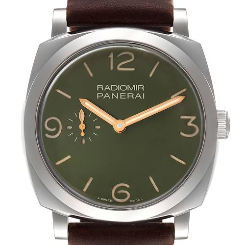 The image shows a front view of a Panerai Radiomir PAM00995 Men's Stainless Steel Green Dial PAM00995 Men's Stainless Steel Green Dial watch, highlighting its green dial, hour markers, and brown leather strap.