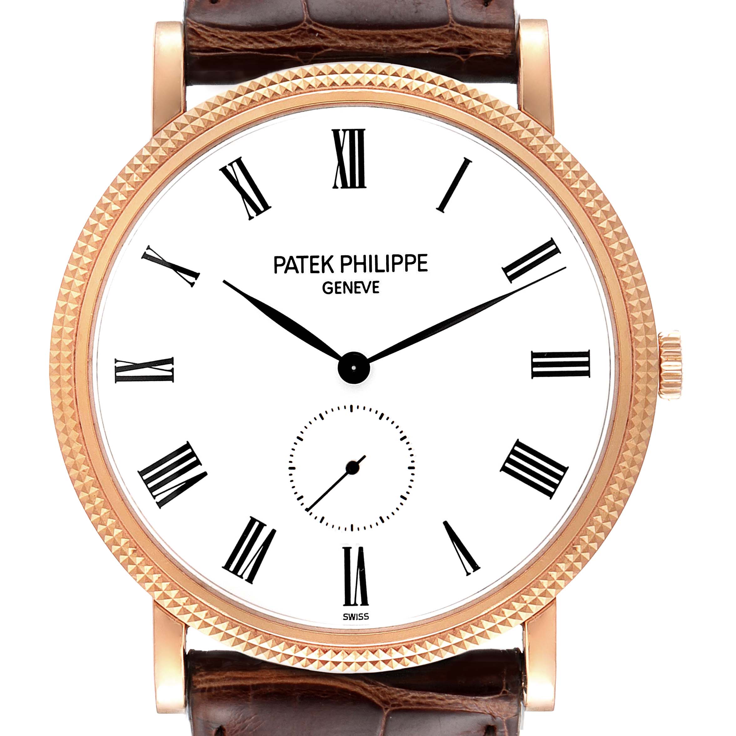 The image shows a front view of the Patek Philippe Calatrava 5119R Men's Rose Gold White Dial 5119R Men's Rose Gold White Dial watch, displaying its dial, hands, and strap attachment.