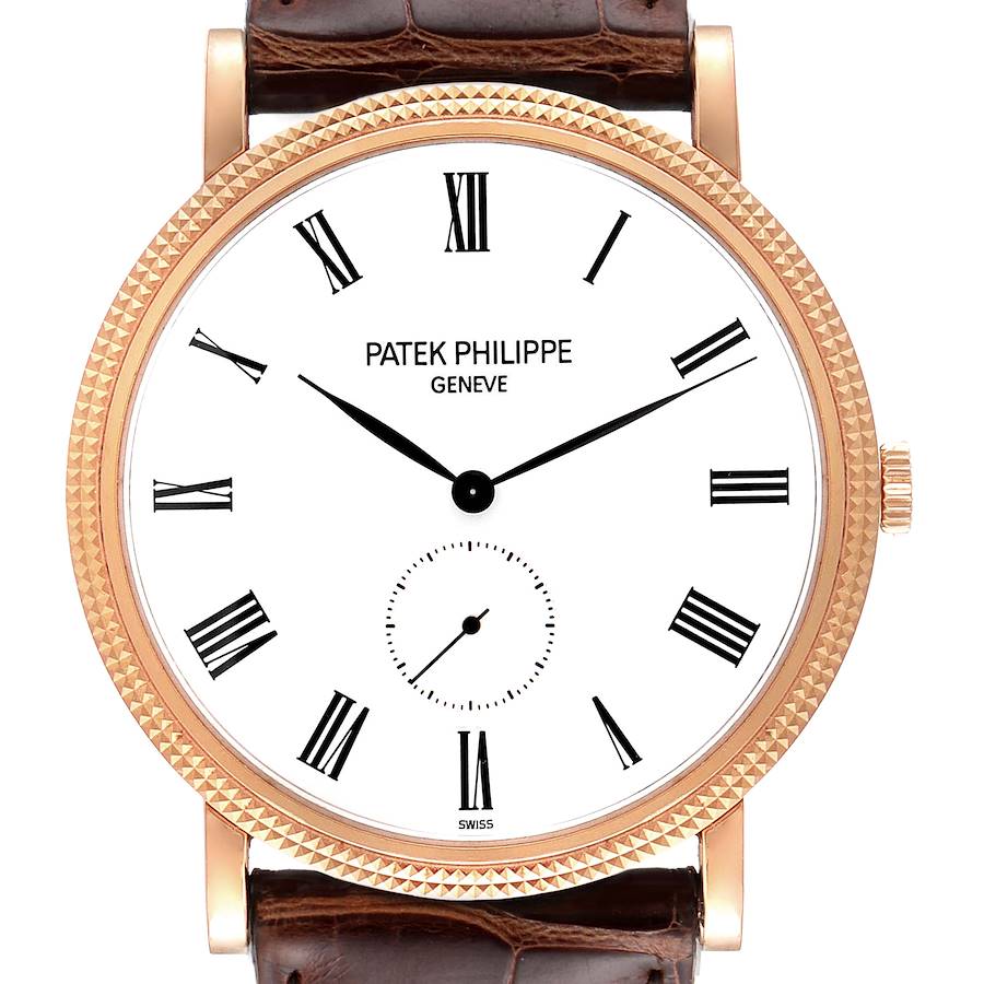 The image shows a front view of the Patek Philippe Calatrava 5119R Men's Rose Gold White Dial 5119R Men's Rose Gold White Dial watch, displaying its dial, hands, and strap attachment.