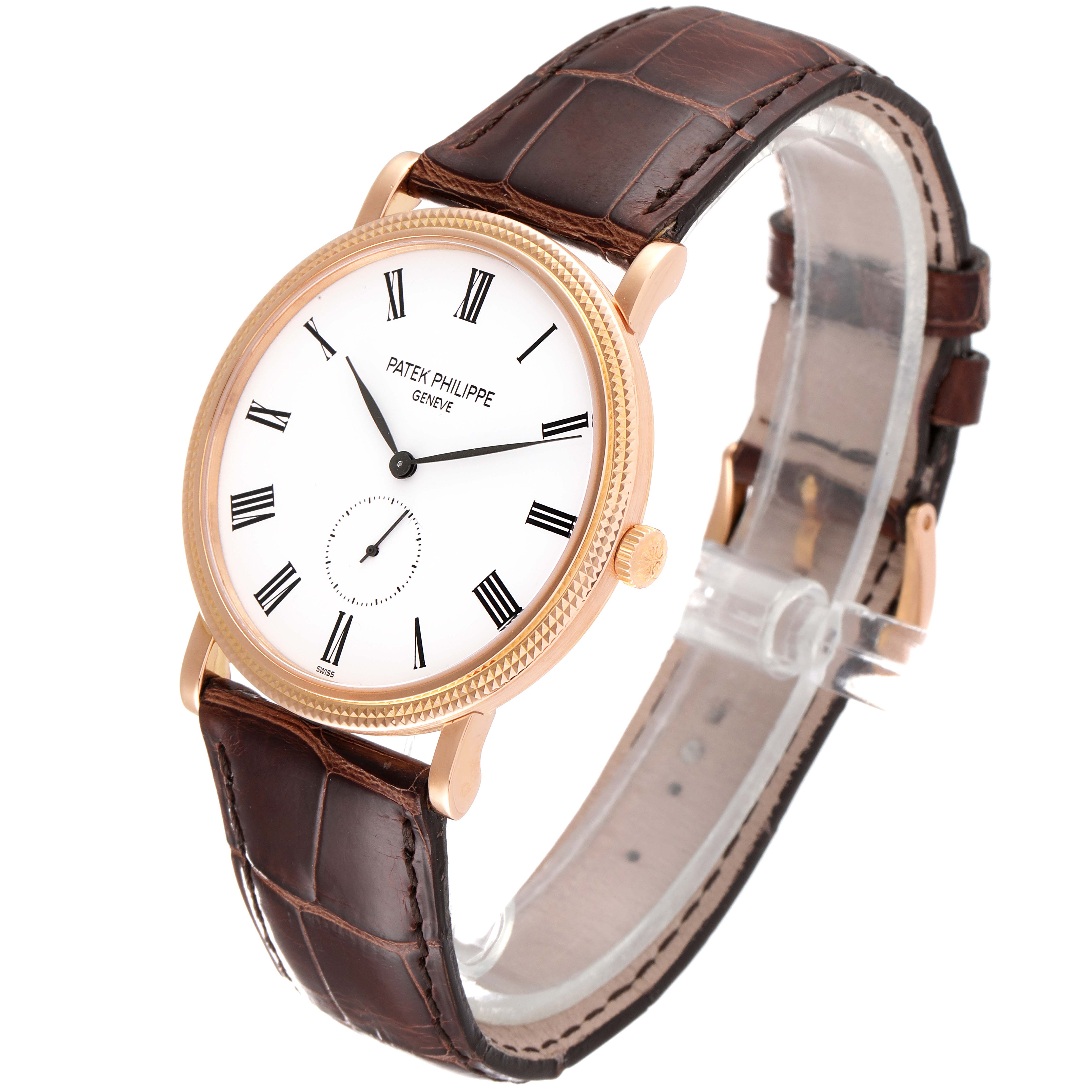 The image shows a Patek Philippe Calatrava 5119R Men's Rose Gold White Dial 5119R Men's Rose Gold White Dial watch angled slightly to the right, displaying the face and brown leather strap.
