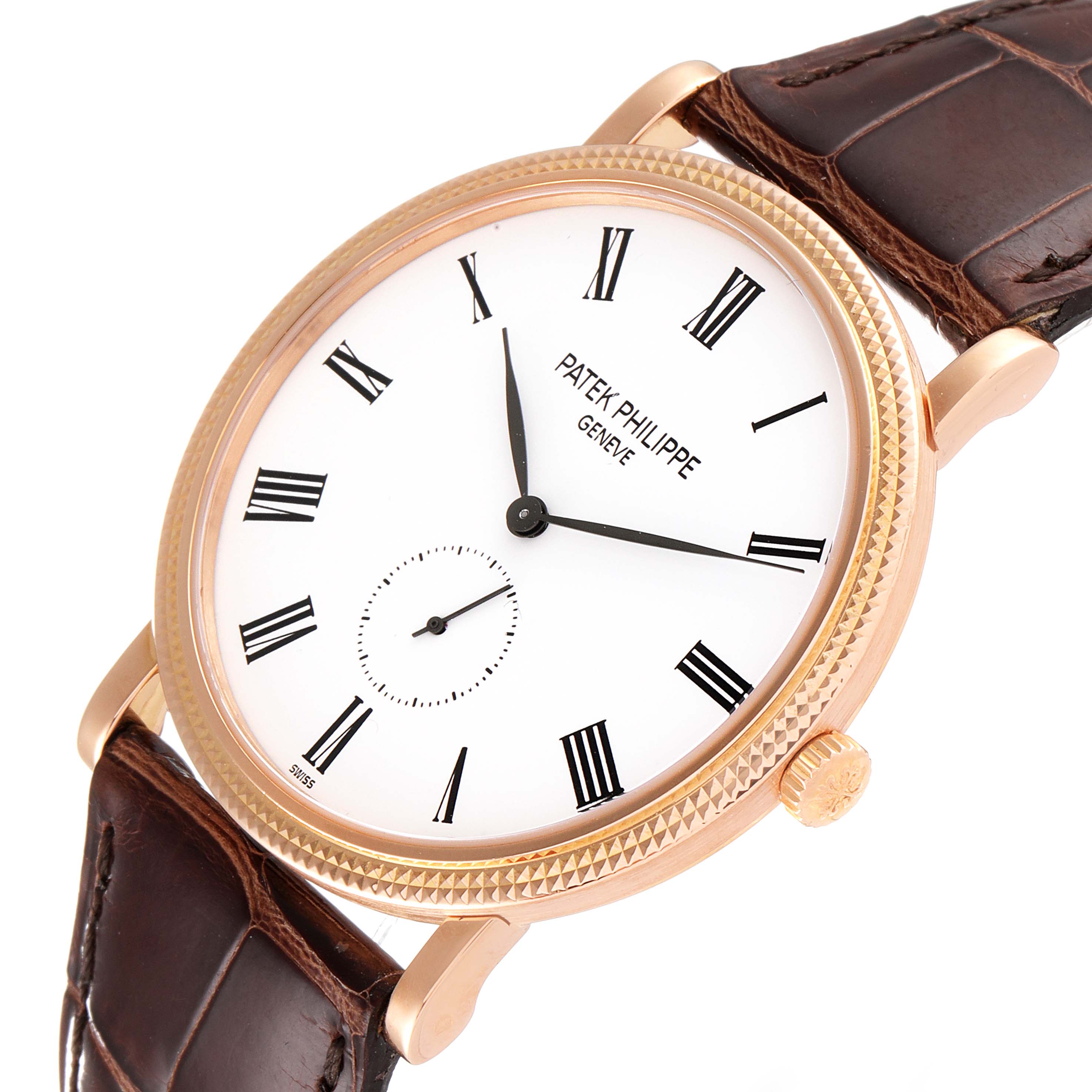 The image shows a Patek Philippe Calatrava 5119R Men's Rose Gold White Dial 5119R Men's Rose Gold White Dial watch at an angle highlighting its dial, Roman numerals, hands, bezel, crown, and brown leather strap.