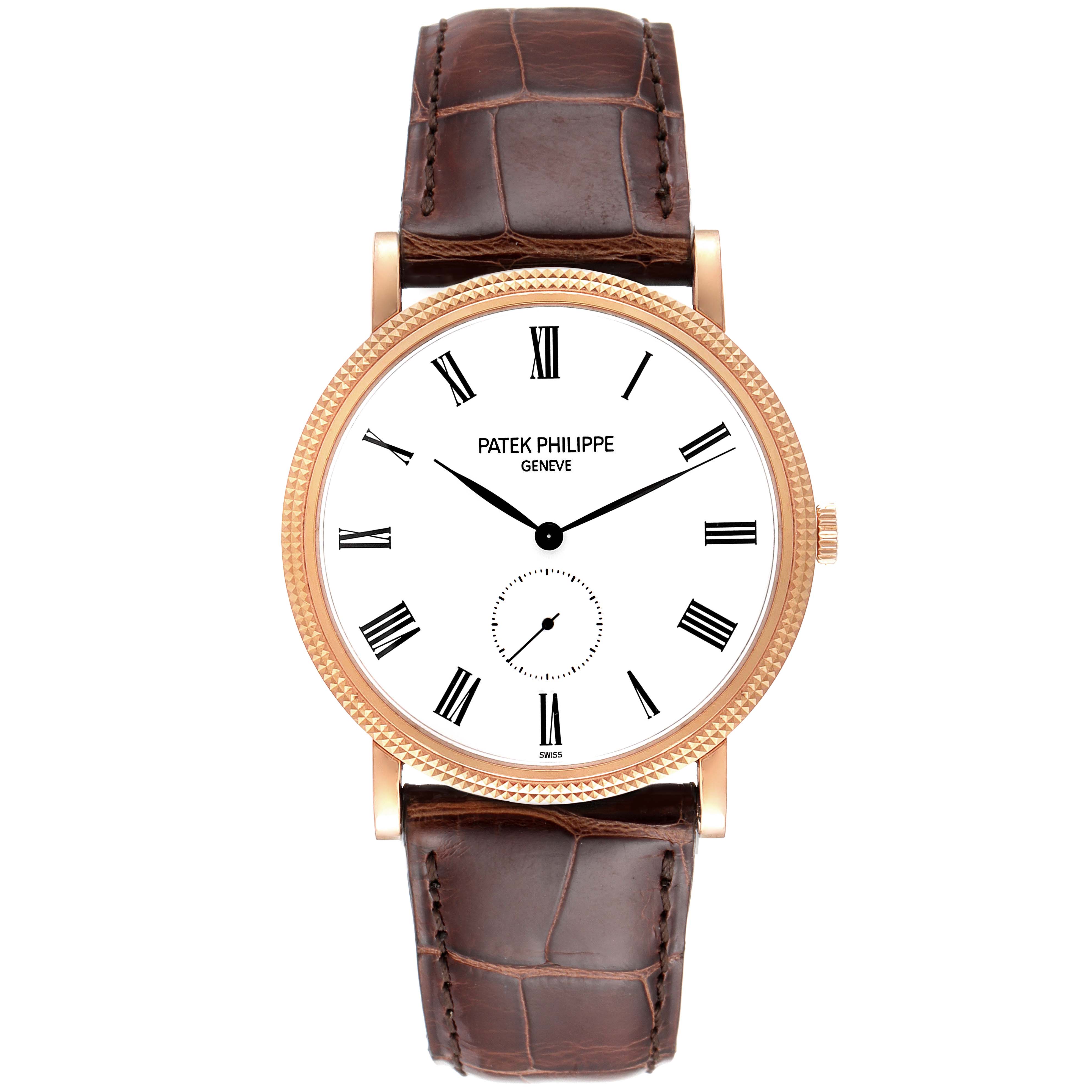 This image shows a front view of a Patek Philippe Calatrava 5119R Men's Rose Gold White Dial 5119R Men's Rose Gold White Dial watch with a brown leather strap and a white dial with Roman numerals.