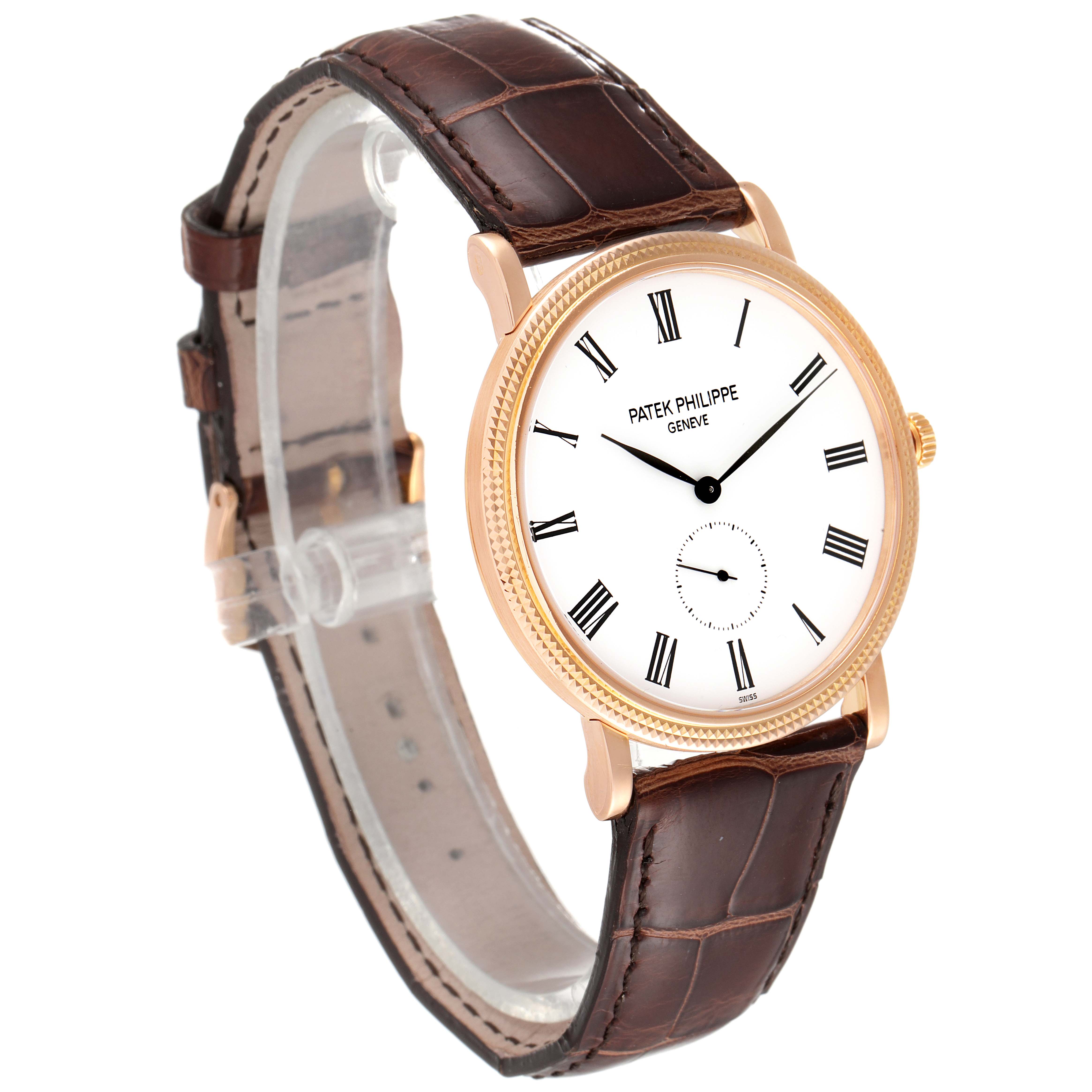 The image shows a Patek Philippe Calatrava 5119R Men's Rose Gold White Dial 5119R Men's Rose Gold White Dial watch at a front-left angle, showcasing its dial, case, and brown leather strap.