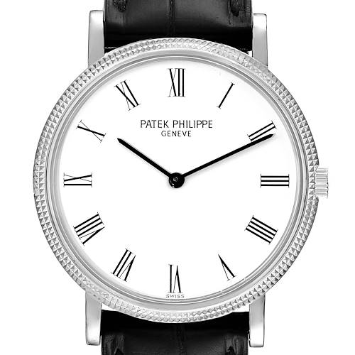 This image shows a front view of the Patek Philippe Calatrava 5120G Men's White Gold White Dial 5120G Men's White Gold White Dial watch, highlighting its face, dial, hands, and part of the strap.