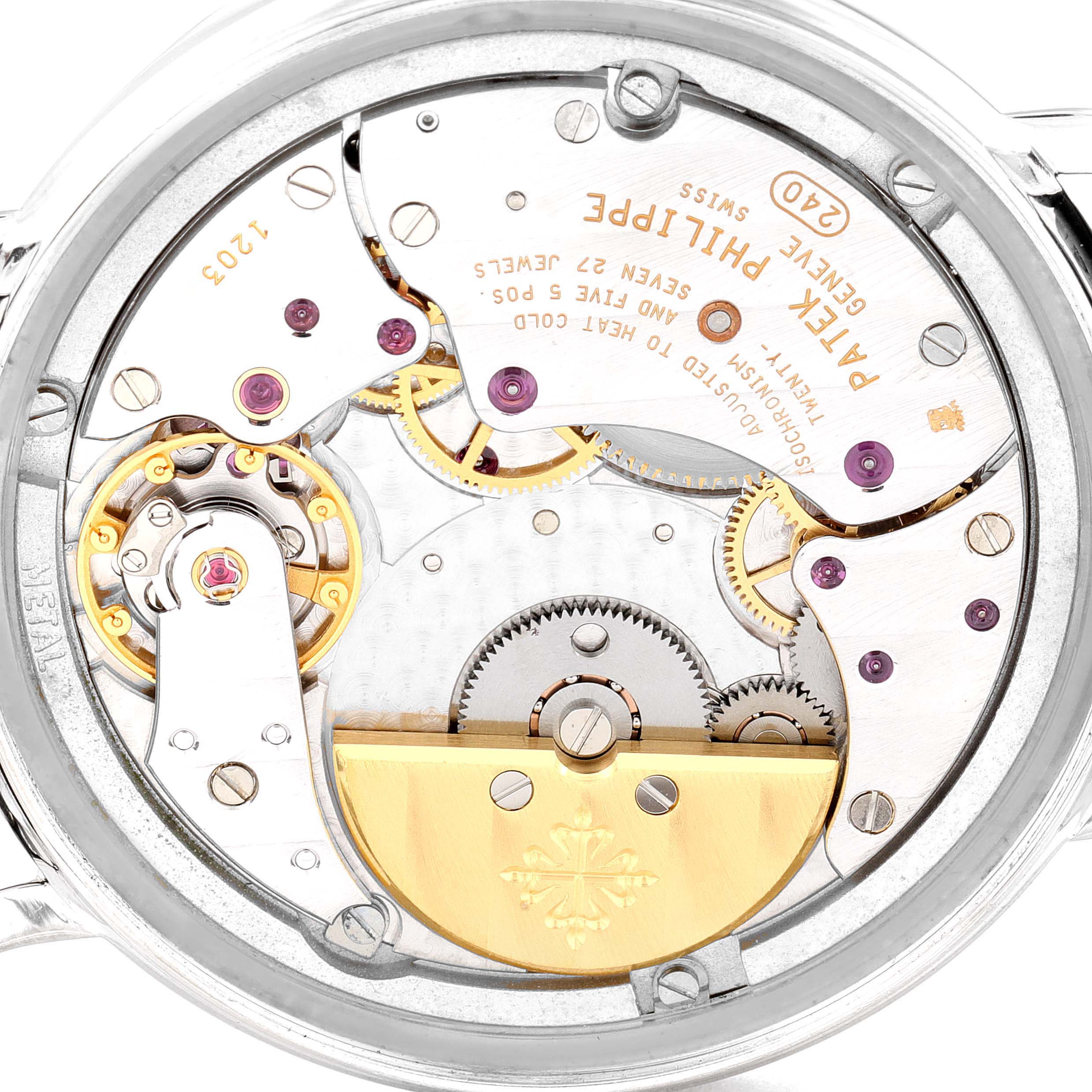 The image shows a detailed view of the movement mechanism inside a Patek Philippe Calatrava 5120G Men's White Gold White Dial 5120G Men's White Gold White Dial watch, highlighting gears and components.