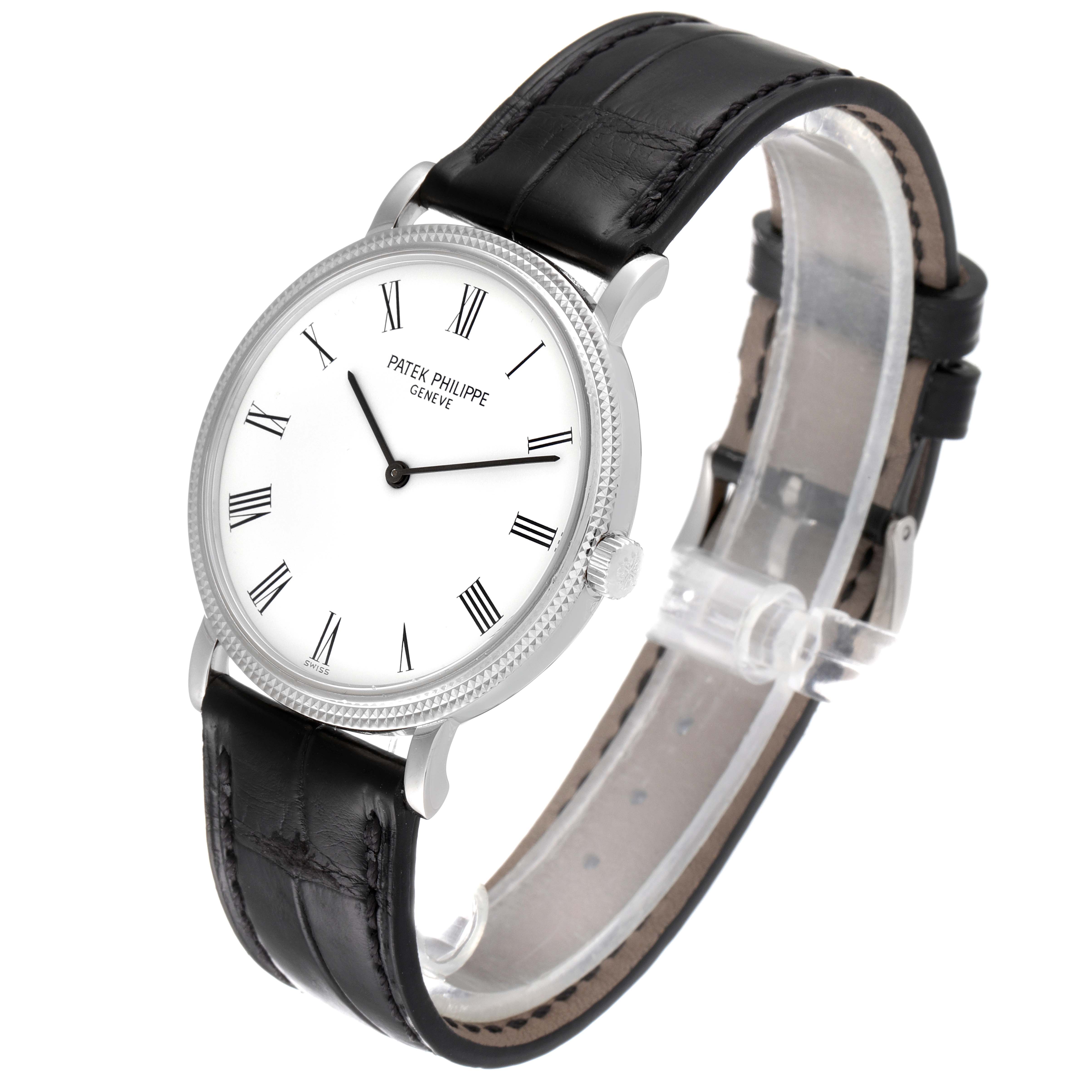 The image shows a Patek Philippe Calatrava 5120G Men's White Gold White Dial 5120G Men's White Gold White Dial watch at a three-quarter angle, highlighting the dial, case, and strap.