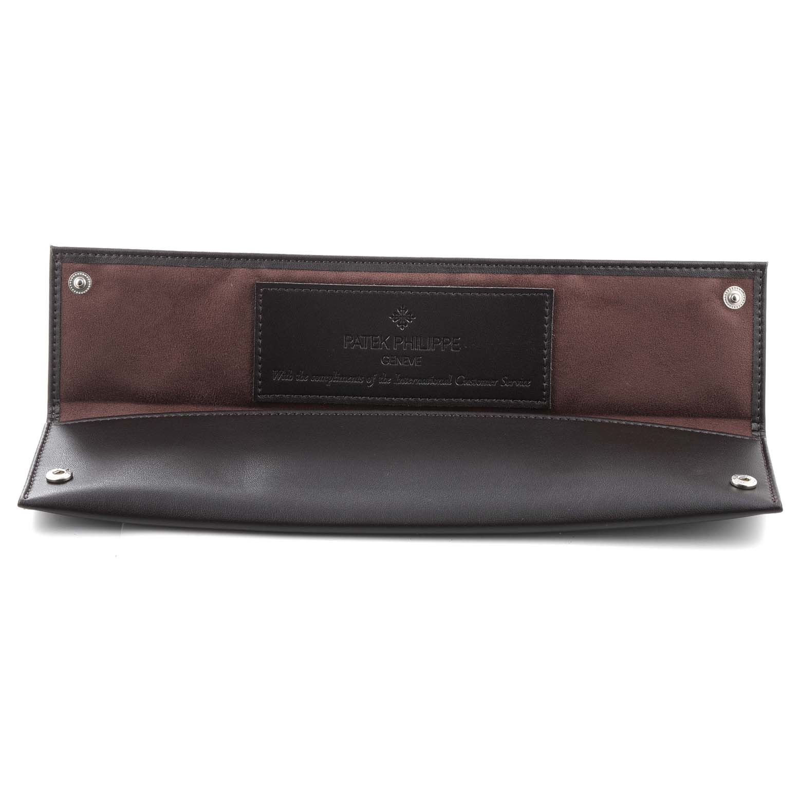 The image shows an open leather watch pouch for the Patek Philippe Calatrava 5120G Men's White Gold White Dial 5120G Men's White Gold White Dial model, emphasizing the brand's name and logo inside.