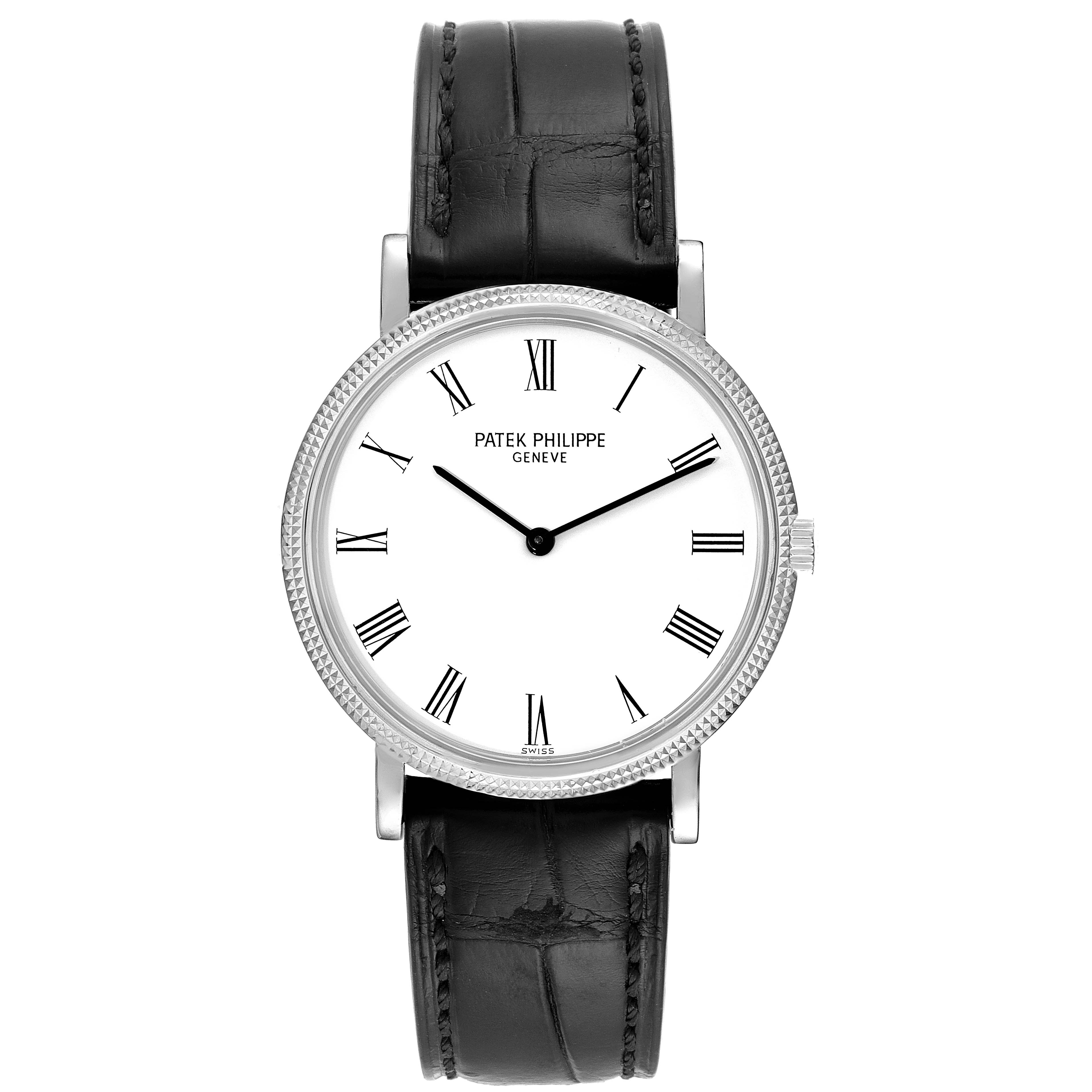 The image shows a front view of a Patek Philippe Calatrava 5120G Men's White Gold White Dial 5120G Men's White Gold White Dial watch, highlighting its dial, hour markers, and leather strap.