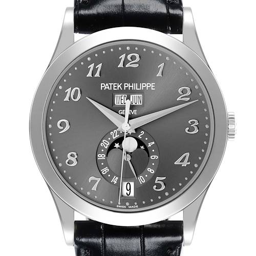 The Patek Philippe Complications 5396G-014 Men's White Gold Grey Dial 5396G-014 Men's White Gold Grey Dial watch is shown from a front angle, displaying its face, numerals, and leather strap.