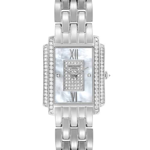 The image shows a front view of the Patek Philippe Gondolo 4825G Women's White Gold Mother of Pearl Dial 4825G Women's White Gold Mother of Pearl Dial watch with a rectangular face, diamond accents, and a metal bracelet.