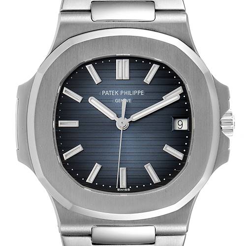This image shows a front view of the dial and part of the bracelet of a Patek Philippe Nautilus 5711/1A-010 Men's Stainless Steel Blue Dial 5711/1A-010 Men's Stainless Steel Blue Dial watch.