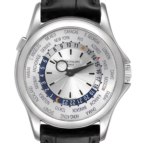 The image shows a frontal view of the Patek Philippe Complications 5130G-019 Men's Stainless Steel Silver Dial 5130G-019 Men's Stainless Steel Silver Dial watch, highlighting the dial with multiple time zones and leather strap.