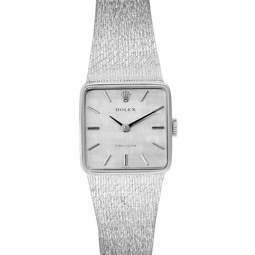 The image shows a frontal view of a Rolex Cellini 285 Women's White Gold Silver Dial 285 Women's White Gold Silver Dial watch, displaying the watch face, crown, and textured band.