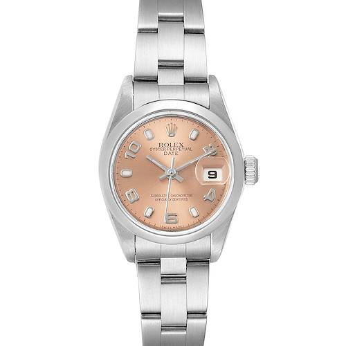 The Rolex Date 79160 Women's Stainless Steel Pink Dial 79160 Women's Stainless Steel Pink Dial model watch is shown from the front, displaying the dial, hands, date window, and stainless steel bracelet.