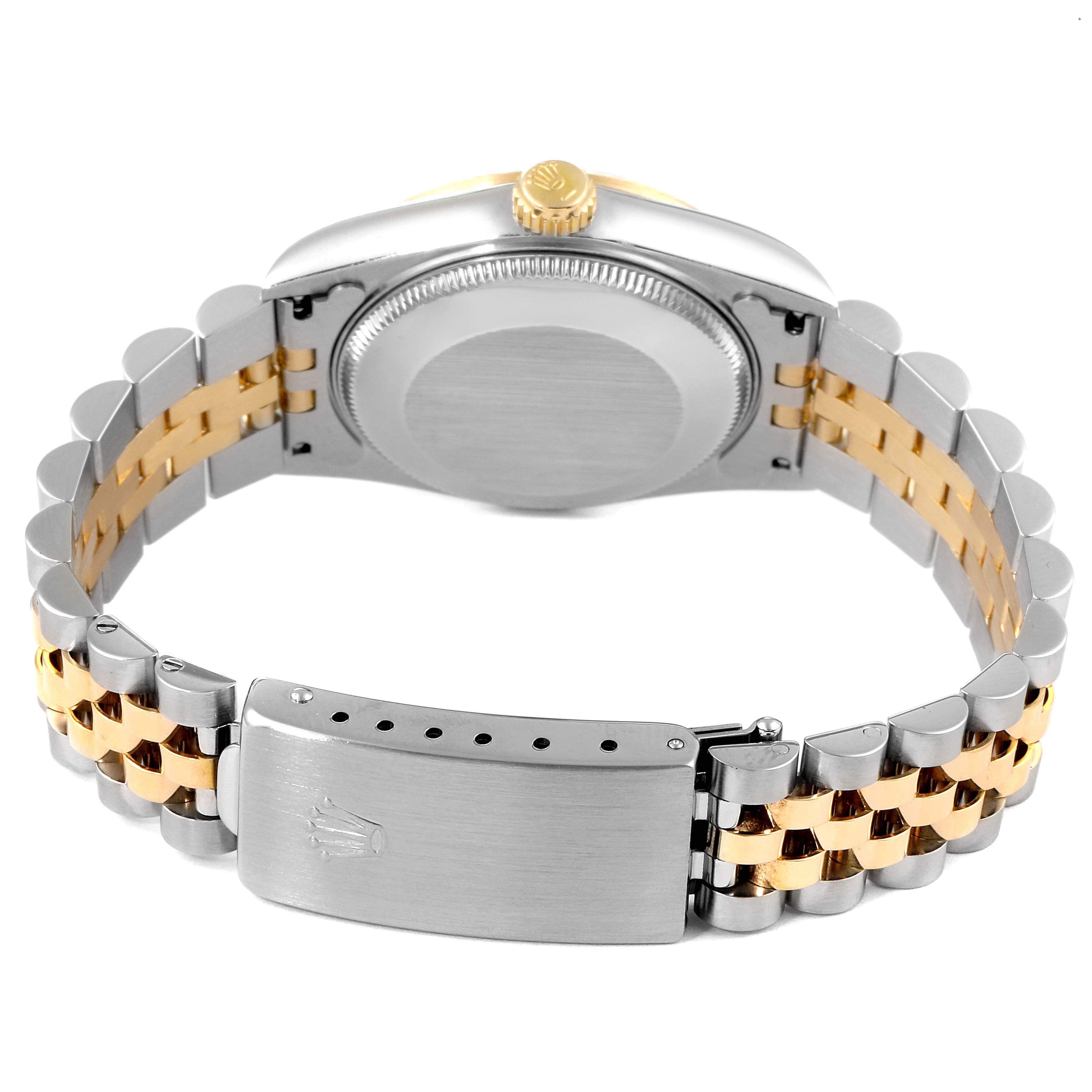 This image shows the back view of a Rolex Datejust 68273 Women's Steel and Gold (two tone) White Dial 68273 Women's Steel and Gold (two tone) White Dial watch, highlighting the case back, crown, and two-tone jubilee bracelet with clasp.