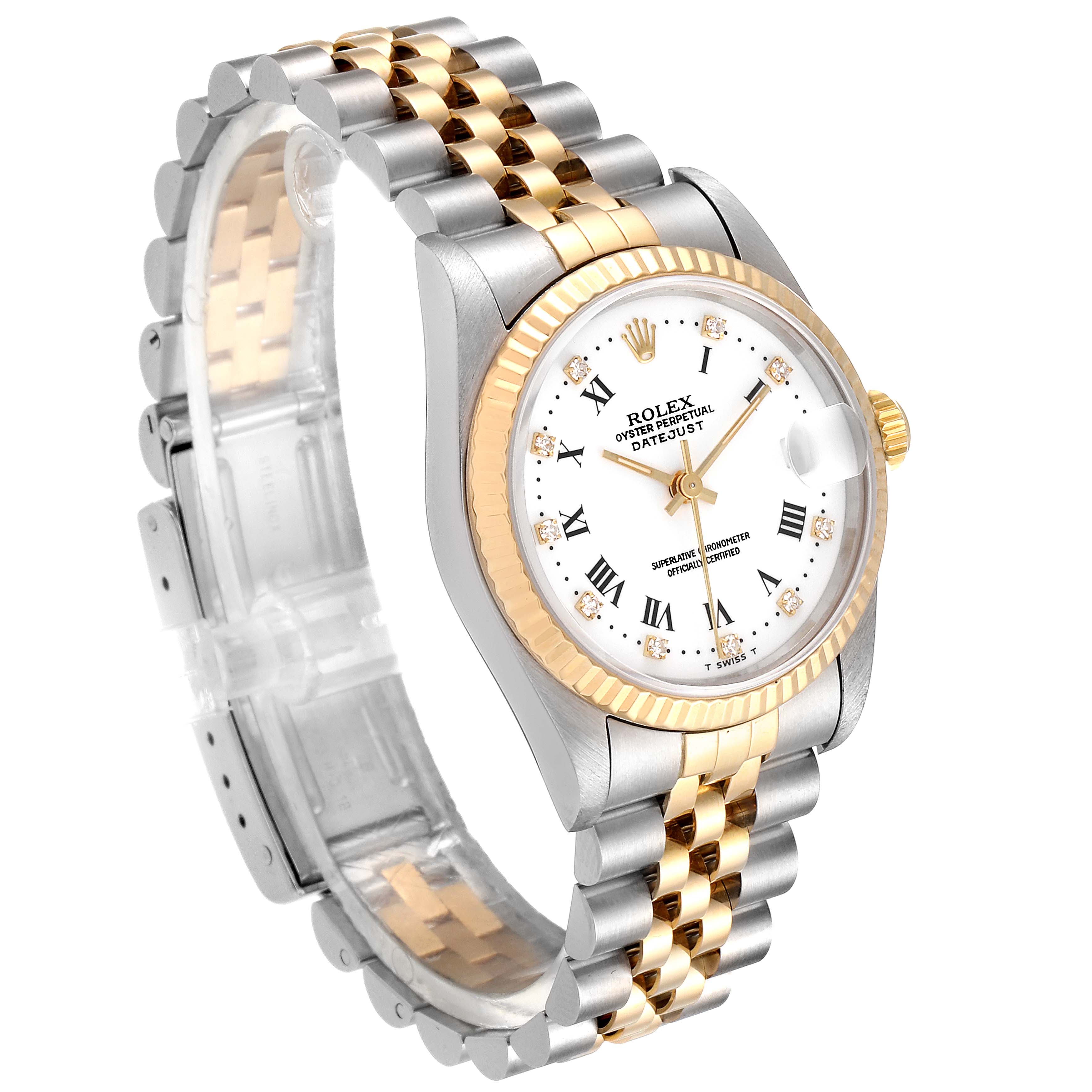 The image shows a Rolex Datejust 68273 Women's Steel and Gold (two tone) White Dial 68273 Women's Steel and Gold (two tone) White Dial watch at a three-quarter angle focusing on the face, bezel, and bracelet.