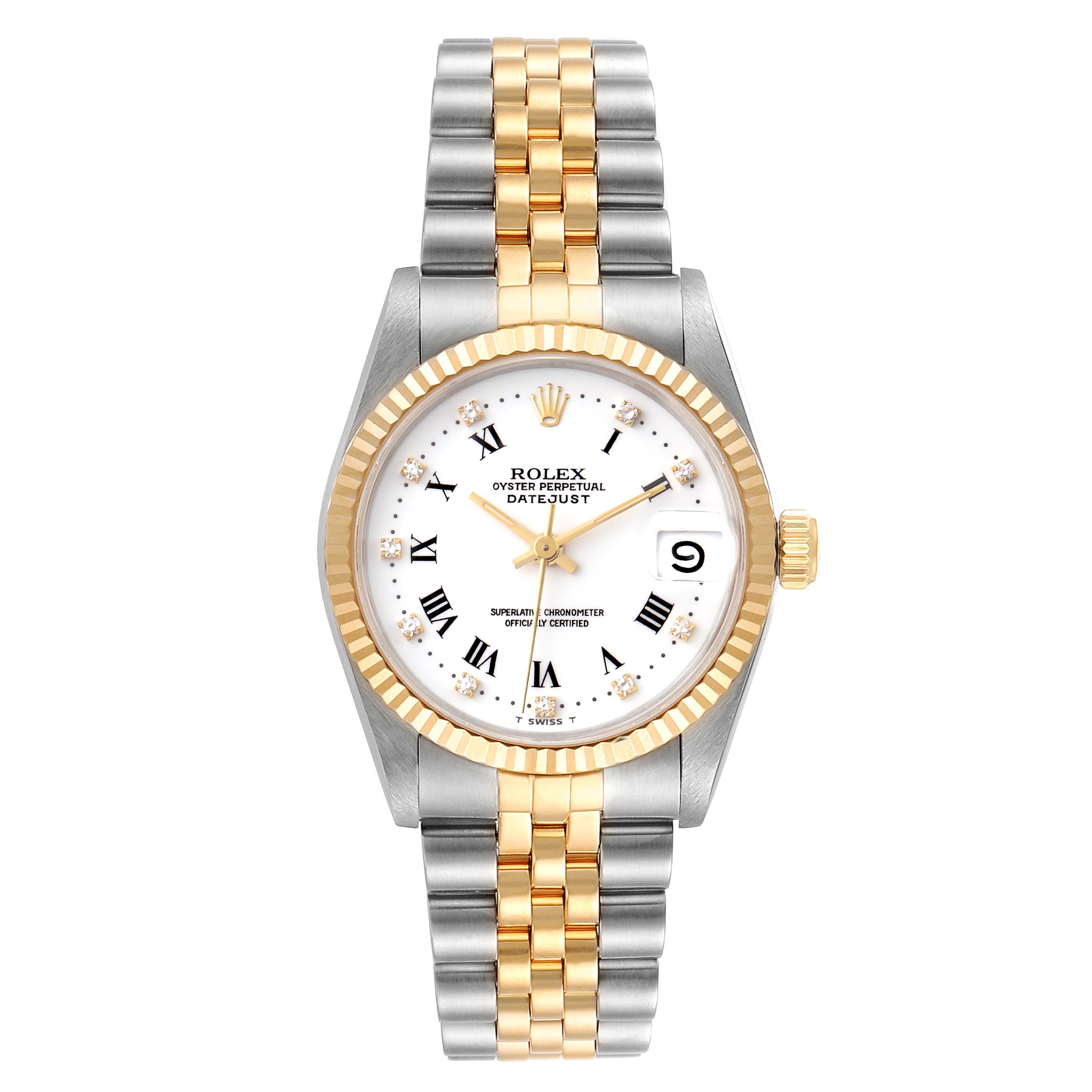 The image shows a front angle of a Rolex Datejust 68273 Women's Steel and Gold (two tone) White Dial 68273 Women's Steel and Gold (two tone) White Dial watch, highlighting the dial, bezel, and bracelet.