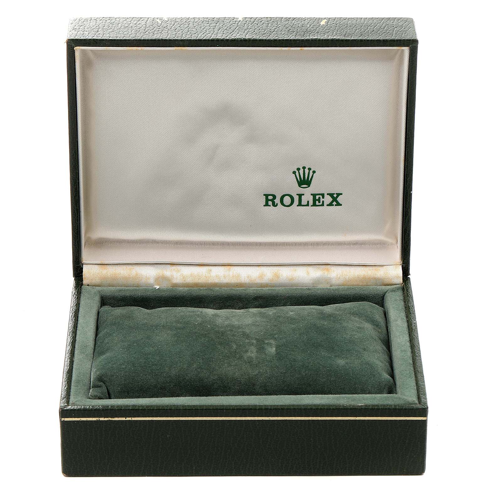 The image shows an open green Rolex watch box, likely for the Datejust model, with a cushioned interior.