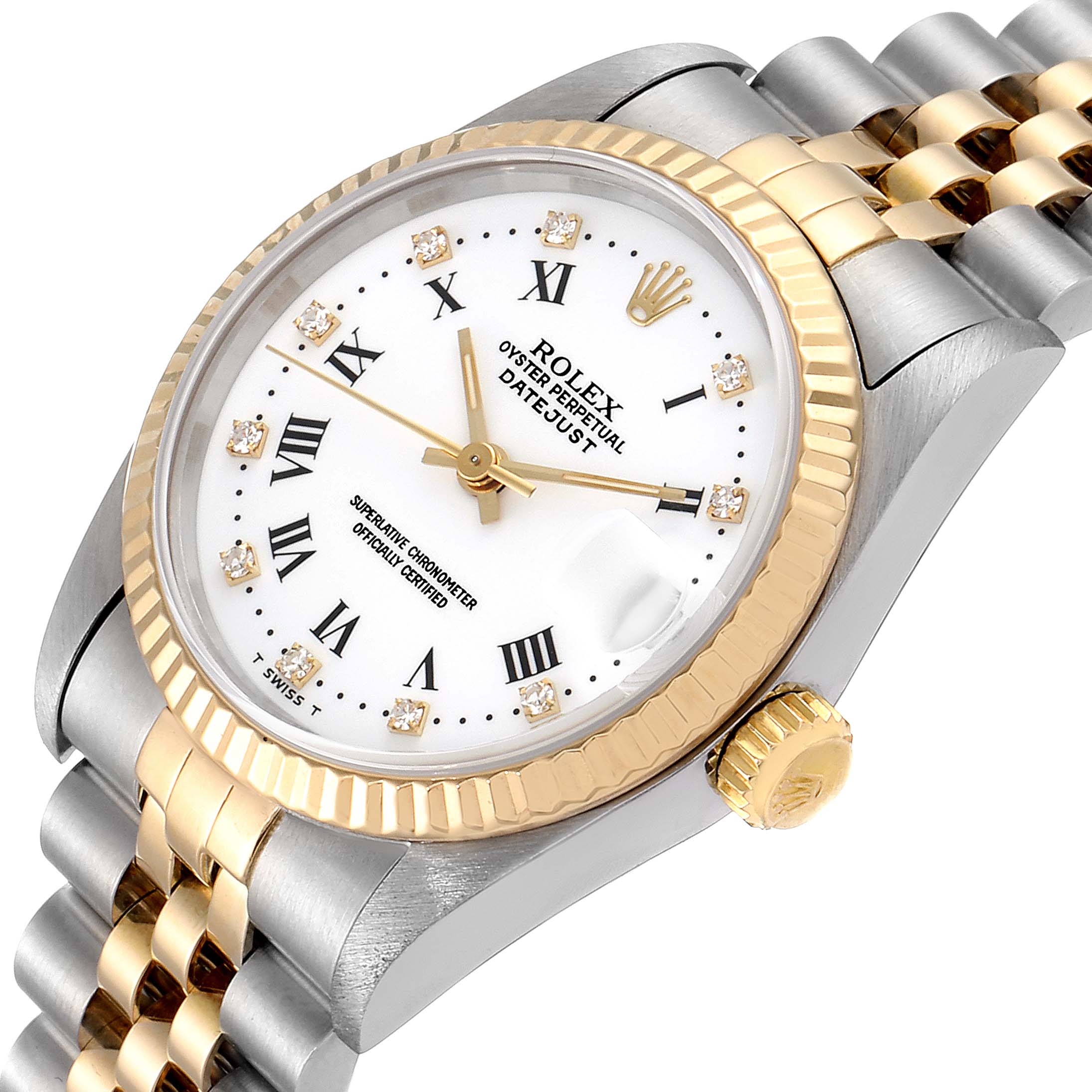The image shows a Rolex Datejust 68273 Women's Steel and Gold (two tone) White Dial 68273 Women's Steel and Gold (two tone) White Dial watch from an oblique angle, highlighting the dial, bezel, crown, and bracelet.