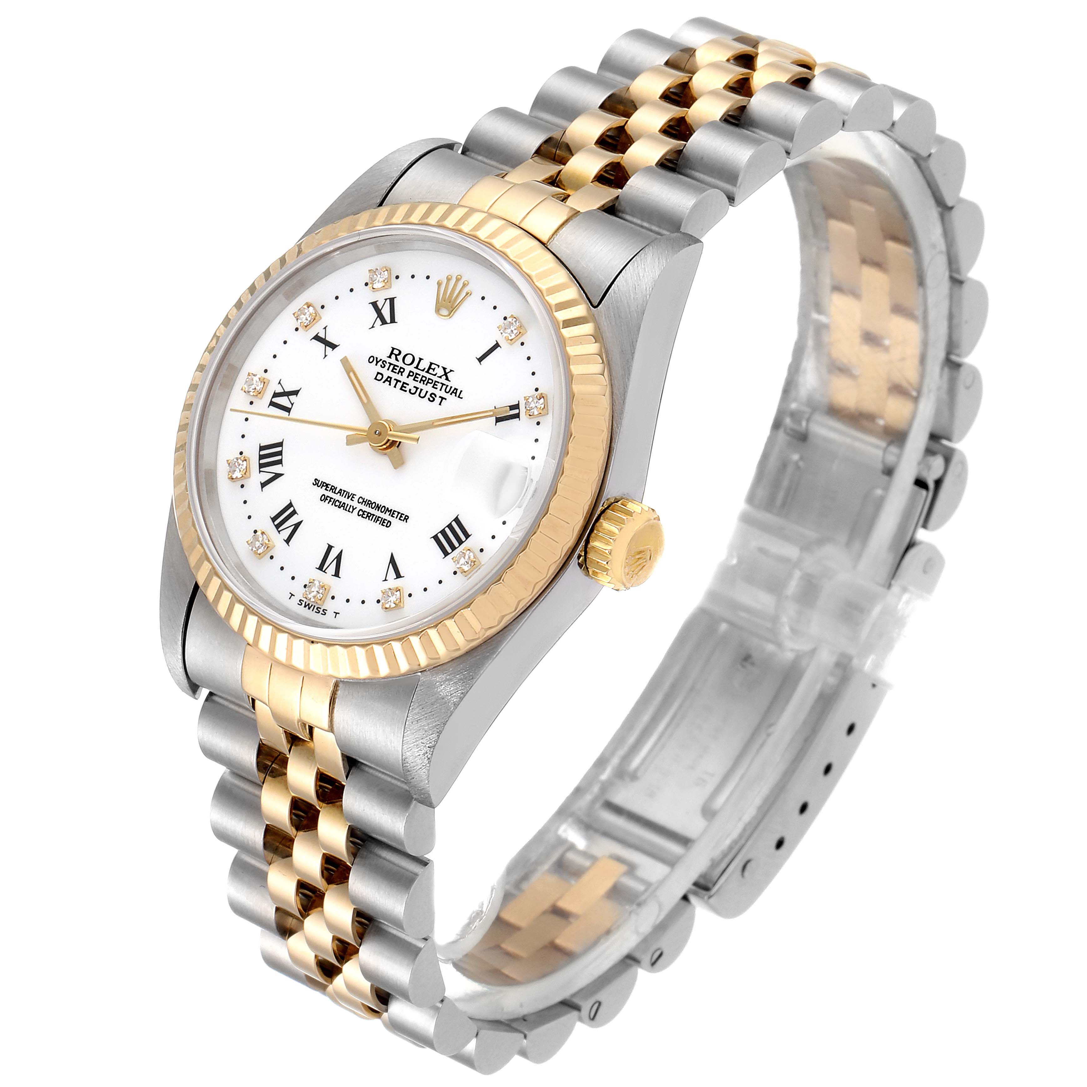 This image shows a Rolex Datejust 68273 Women's Steel and Gold (two tone) White Dial 68273 Women's Steel and Gold (two tone) White Dial watch at an angled side view, highlighting the dial, bezel, crown, and bracelet.