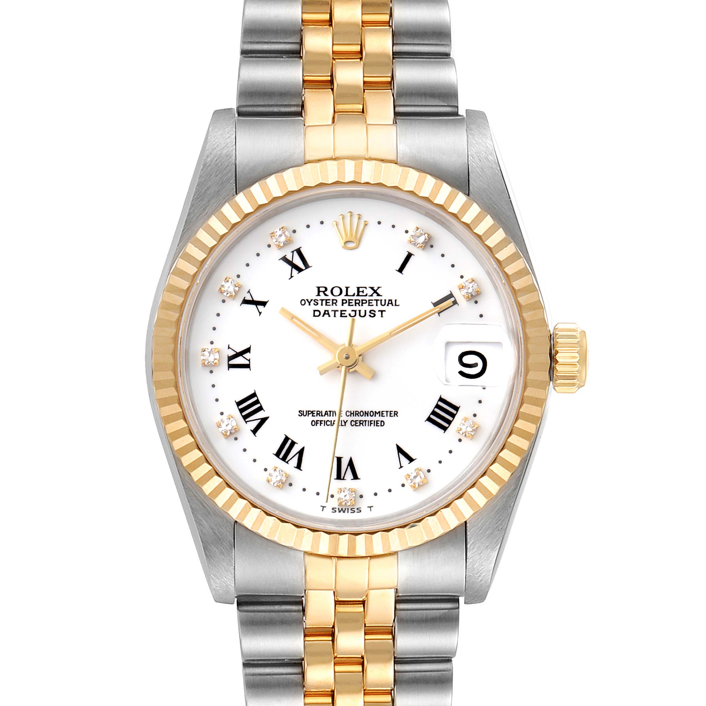 This Rolex Datejust 68273 Women's Steel and Gold (two tone) White Dial 68273 Women's Steel and Gold (two tone) White Dial watch is shown from a top-down angle, displaying the face, bezel, and part of the bracelet.