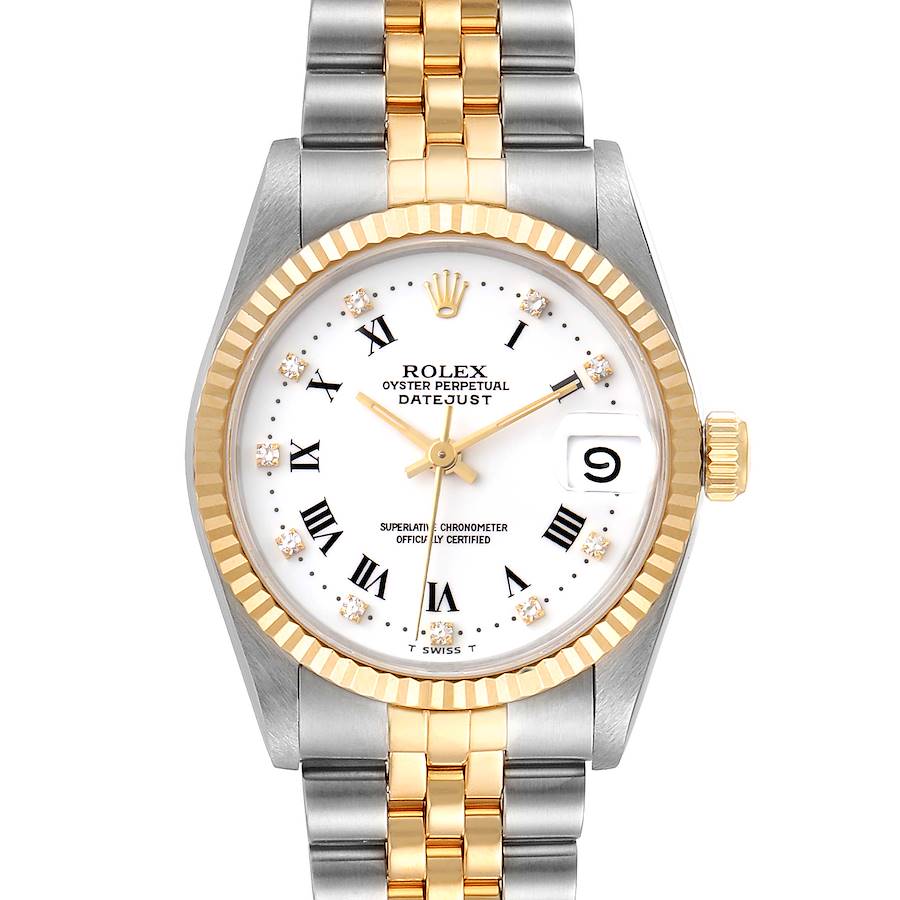 This Rolex Datejust 68273 Women's Steel and Gold (two tone) White Dial 68273 Women's Steel and Gold (two tone) White Dial watch is shown from a top-down angle, displaying the face, bezel, and part of the bracelet.