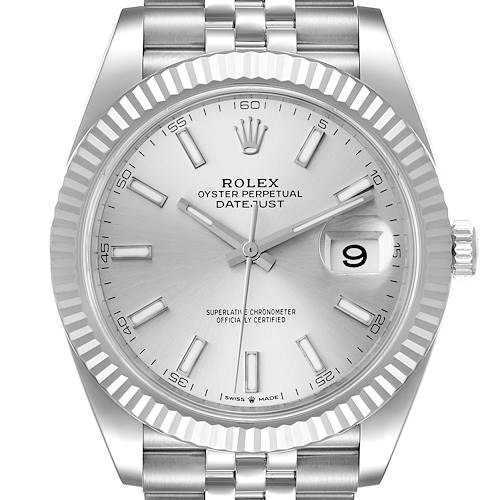 This image shows a frontal view of the Rolex Datejust 41 126334 Men's Stainless Steel Silver Dial 126334 Men's Stainless Steel Silver Dial watch, highlighting its dial, bezel, and Jubilee bracelet.