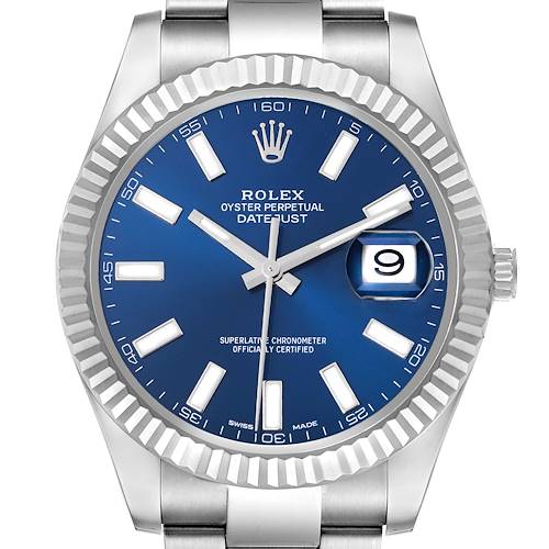 The Rolex Datejust 41 116334 Men's Stainless Steel Blue Dial 116334 Men's Stainless Steel Blue Dial watch is shown from the front, highlighting the blue dial, bezel, hands, and date display.
