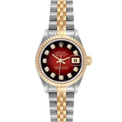 The Rolex Datejust 69173 Women's Steel and Gold (two tone) Red Dial 69173 Women's Steel and Gold (two tone) Red Dial watch is shown from a top-down angle, highlighting its bezel, dial, date window, and two-tone bracelet.