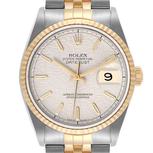 The Rolex Datejust 16233 Men's Steel and Gold (two tone) Beige Dial 16233 Men's Steel and Gold (two tone) Beige Dial watch is shown from the front, displaying the dial, bezel, and part of the bracelet.