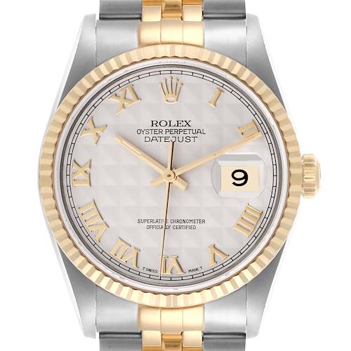 The image shows a frontal view of the Rolex Datejust 16233 Men's Steel and Gold (two tone) Beige Dial 16233 Men's Steel and Gold (two tone) Beige Dial, highlighting the dial, bezel, crown, and part of the bracelet.
