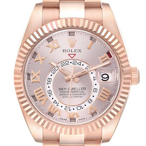 The Rolex Sky-Dweller 326935 Men's Rose Gold Pink Dial 326935 Men's Rose Gold Pink Dial watch is shown from the front, displaying the dial, hands, bezel, and crown.