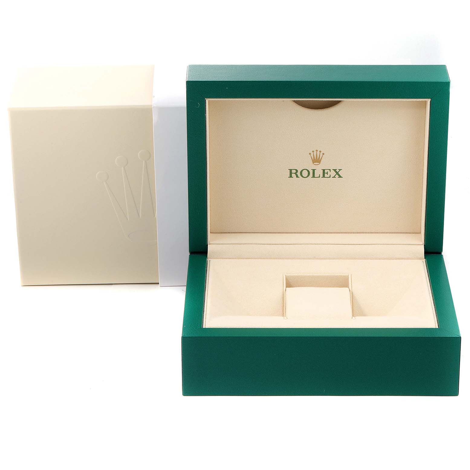 This image shows the opened green and beige watch box for a Rolex Submariner 116618 Men's Yellow Gold Black Dial 116618 Men's Yellow Gold Black Dial model, along with its outer box.