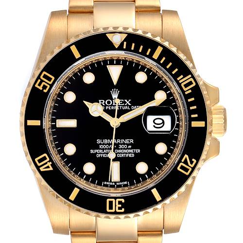 This image shows a front view of a Rolex Submariner 116618 Men's Yellow Gold Black Dial 116618 Men's Yellow Gold Black Dial watch, highlighting its black bezel, dial, and golden bracelet.