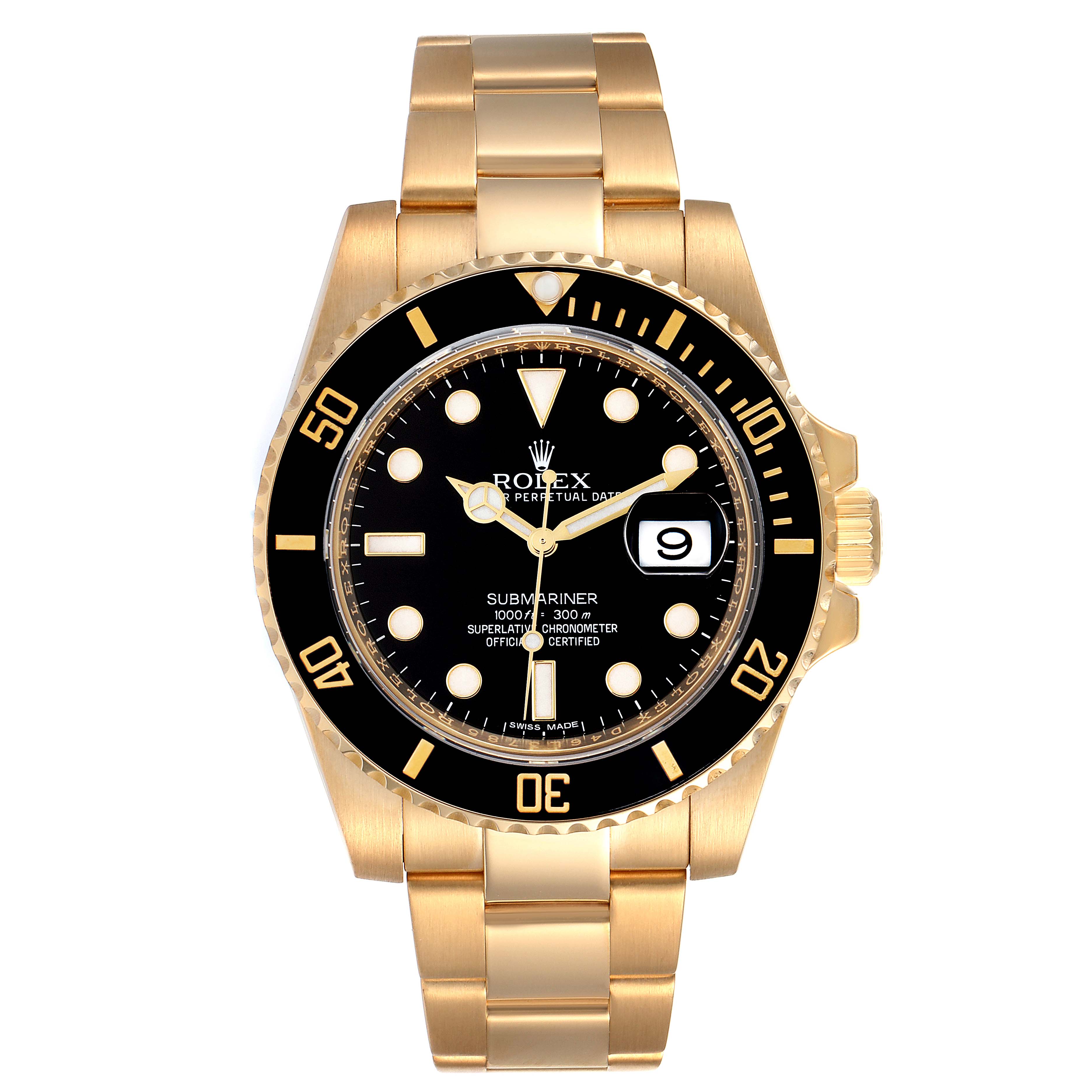 The Rolex Submariner 116618 Men's Yellow Gold Black Dial 116618 Men's Yellow Gold Black Dial watch is shown from the front, displaying the dial, bezel, crown, and bracelet.
