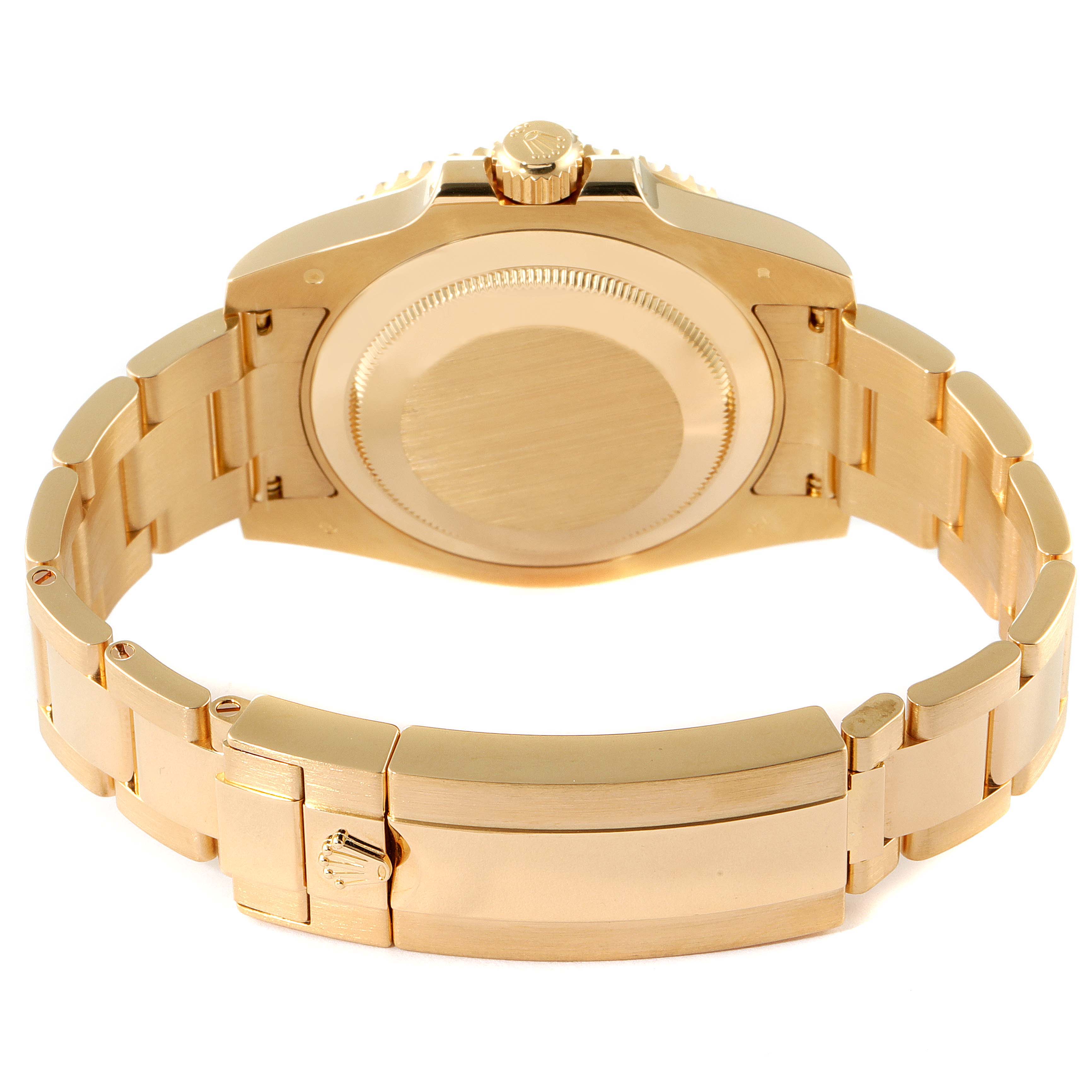 This image shows the back case and clasp of a Rolex Submariner 116618 Men's Yellow Gold Black Dial 116618 Men's Yellow Gold Black Dial watch from the rear angle.