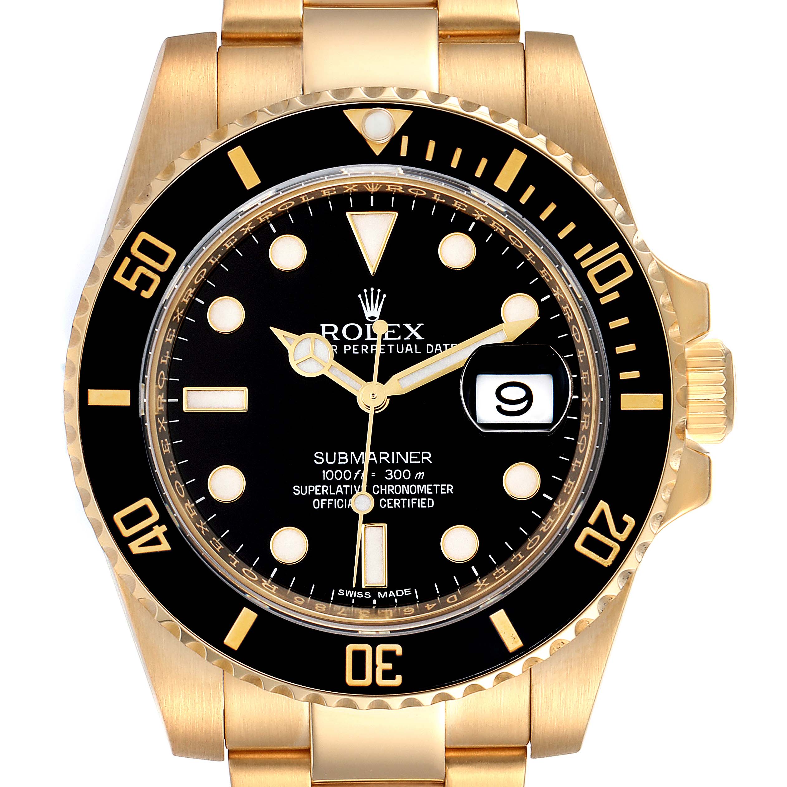 This image shows a front view of the Rolex Submariner 116618 Men's Yellow Gold Black Dial 116618 Men's Yellow Gold Black Dial watch, highlighting its black dial, gold case, and date window at 3 o'clock.