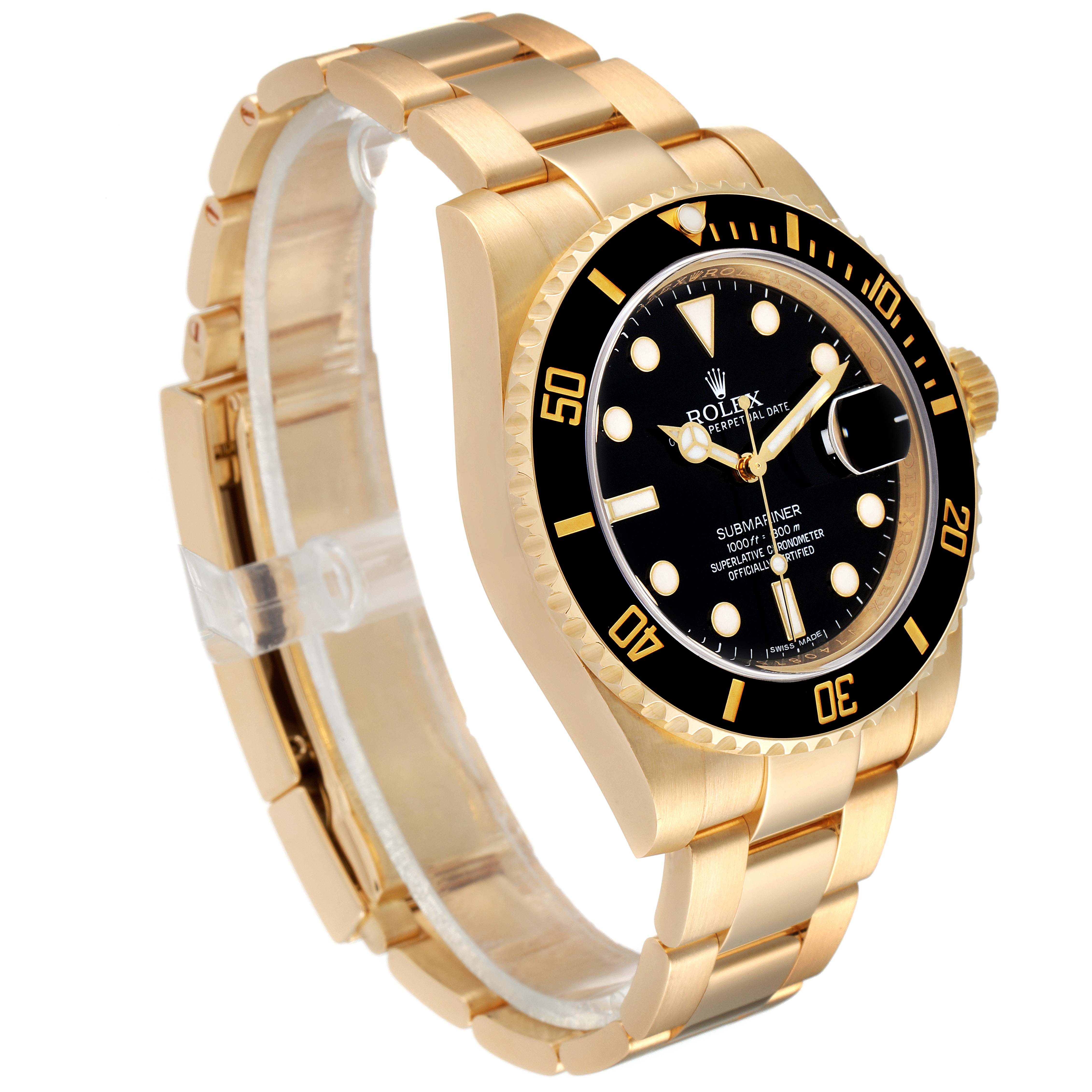 The Rolex Submariner 116618 Men's Yellow Gold Black Dial 116618 Men's Yellow Gold Black Dial is shown at a three-quarter angle, highlighting its gold bracelet, black dial, and bezel.