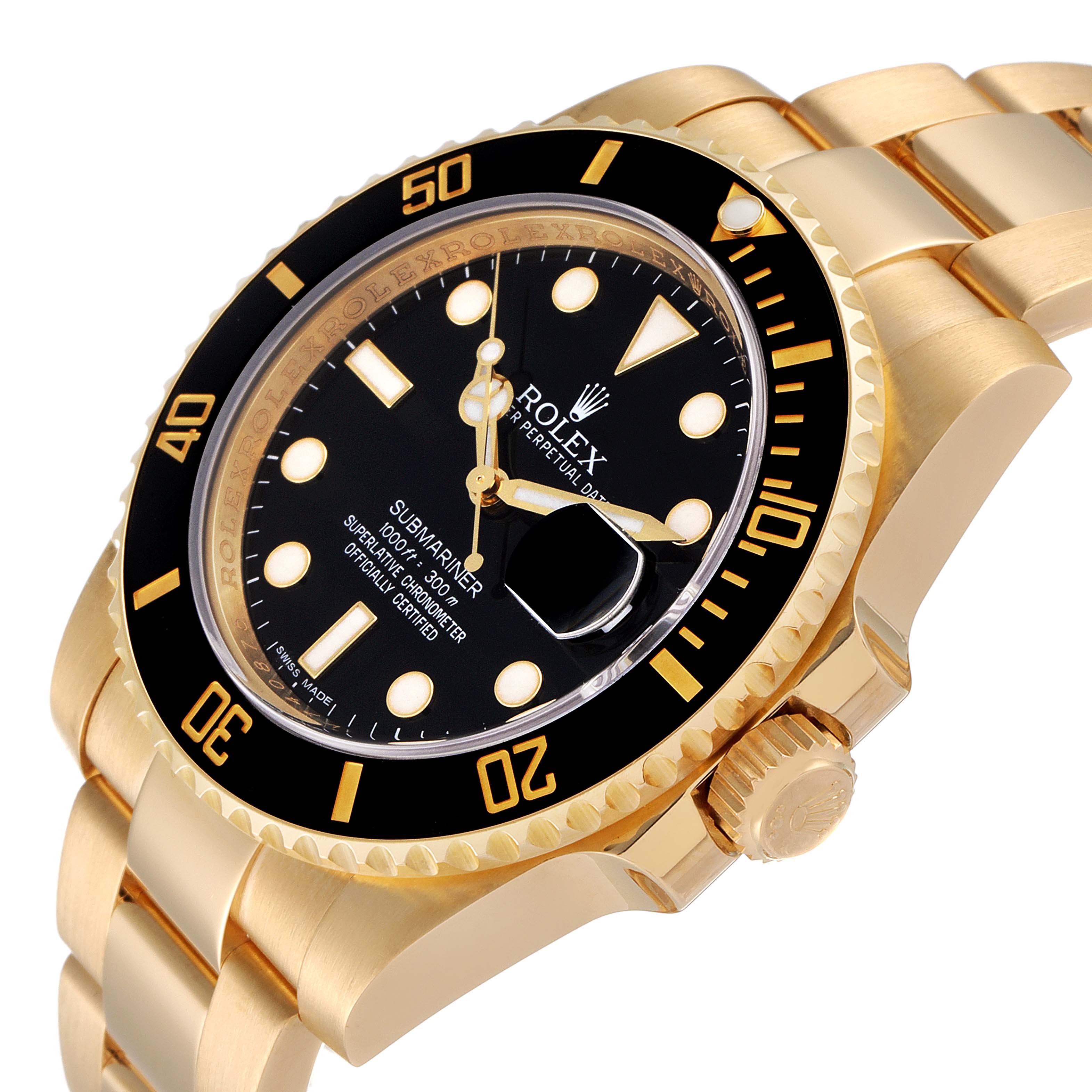 The Rolex Submariner 116618 Men's Yellow Gold Black Dial 116618 Men's Yellow Gold Black Dial watch is shown at a slight angle, highlighting the dial, bezel, crown, and part of the bracelet.