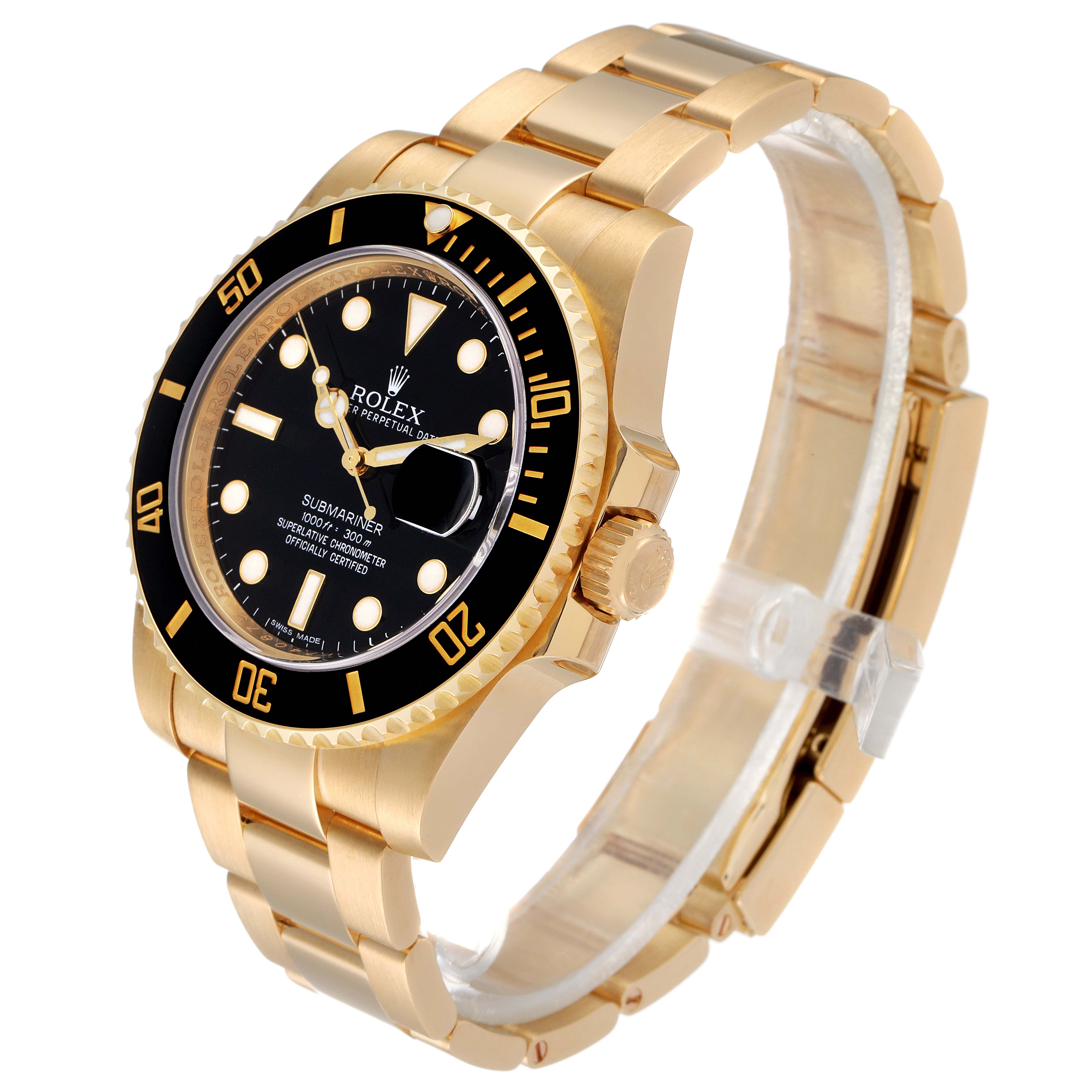 The image shows a side angle of a Rolex Submariner 116618 Men's Yellow Gold Black Dial 116618 Men's Yellow Gold Black Dial watch, highlighting the black bezel, gold case, and band.