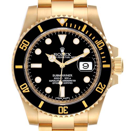 The image shows a front view of a Rolex Submariner 116618 Men's Yellow Gold Black Dial 116618 Men's Yellow Gold Black Dial watch, highlighting its black dial, date window, and gold bezel.