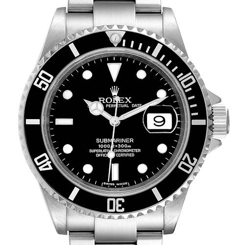 This image shows a front view of the Rolex Submariner 16610 Men's Stainless Steel Black Dial 16610 Men's Stainless Steel Black Dial, highlighting its black dial, bezel, and bracelet.